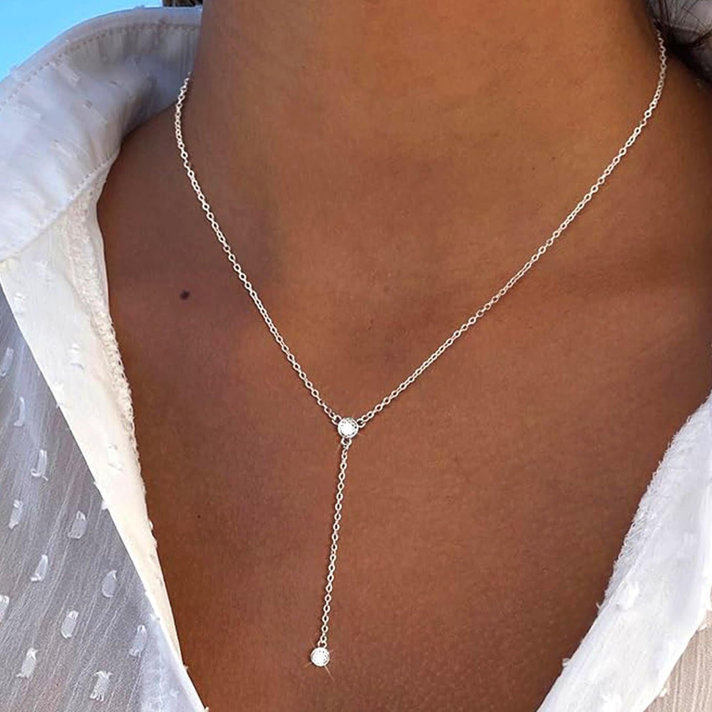 Zeffy Long Silver Necklace for Women- Dainty Silver Plated Teardrop Drop Lariat Necklace Trendy Simple CZ Y-Shaped Body Chain Stack Wedding Prom Dangle Statement Necklace Jewelry