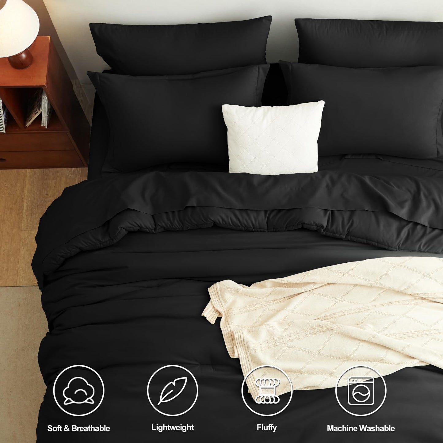 CozyLux Queen Comforter Set Black, 7 Pieces Bed in a Bag Soft Bedding Comforter Set with Sheets, All Season Boho 7PC Bed Sets with Comforter, Fitted Sheets, Flat Sheets, Pillow Shams and Pillowcases