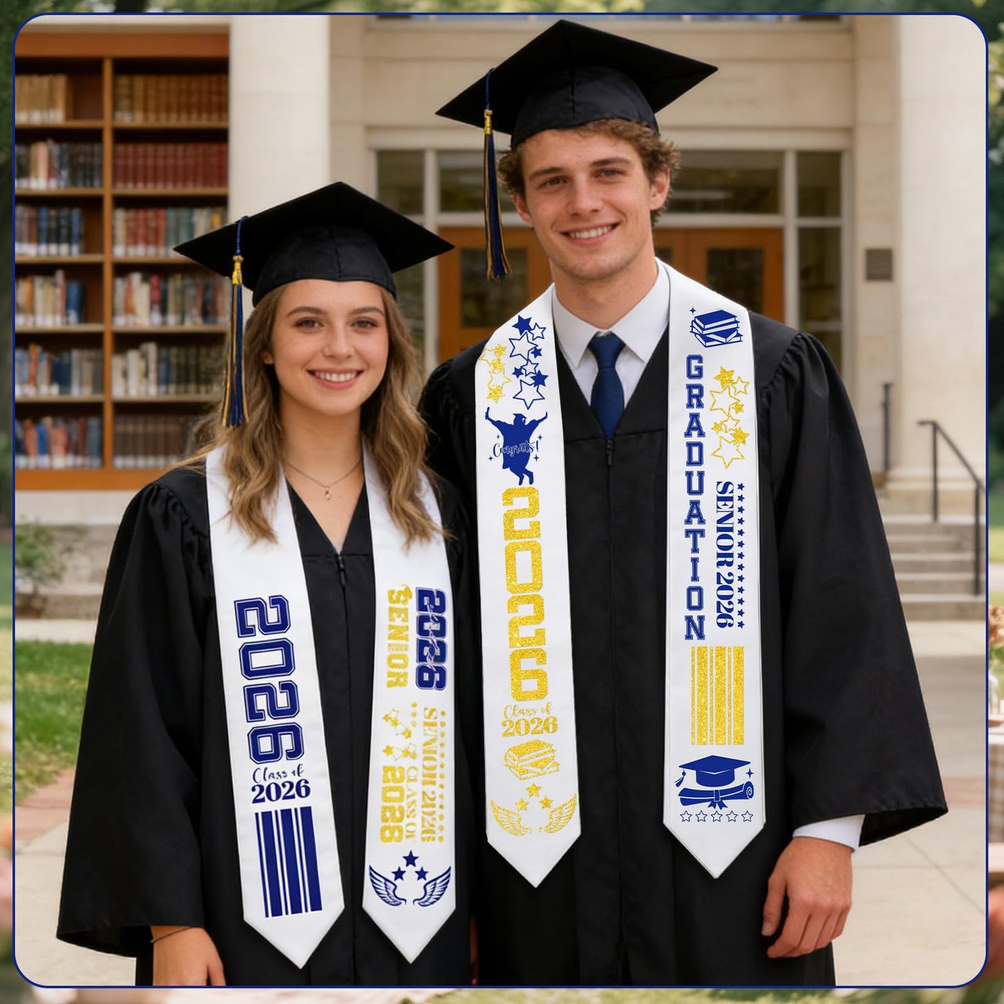 cosmisun Graduation Stole Class of 2026-9 Pcs Graduation Decoration 2026 with Iron on A to Z Letter 0 to 9 Number Patches, Unsex Grad Sash Decor Supplies for High School College (Blue Gold)