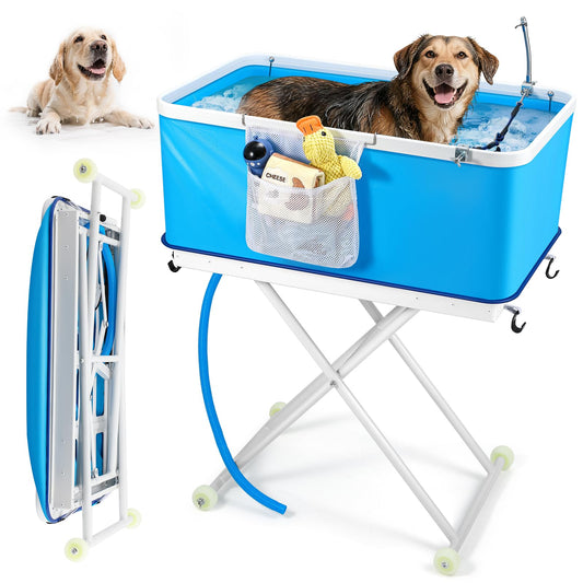 Proshine Foldable Dog Bathing Tub with Wheels, Adjustable Height 0-26.8" Pet Wash Station, Portable Dog Bath Tub for Large Dogs Up to 90lbs, with Drain & Storage Bag