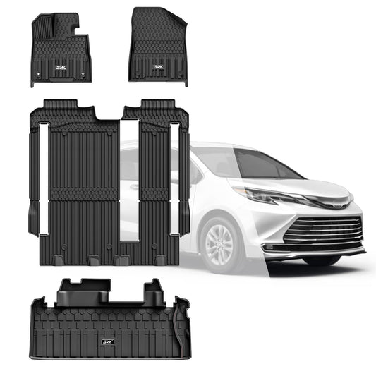 3W Floor Mats & Trunk Mat for Toyota Sienna 2021-2026 LE/XLE(Only for 8 Seat), TPE All Weather Custom Fit Floor Liner for Sienna 1st, 2nd and 3rd Row and Cargo Mat, Black