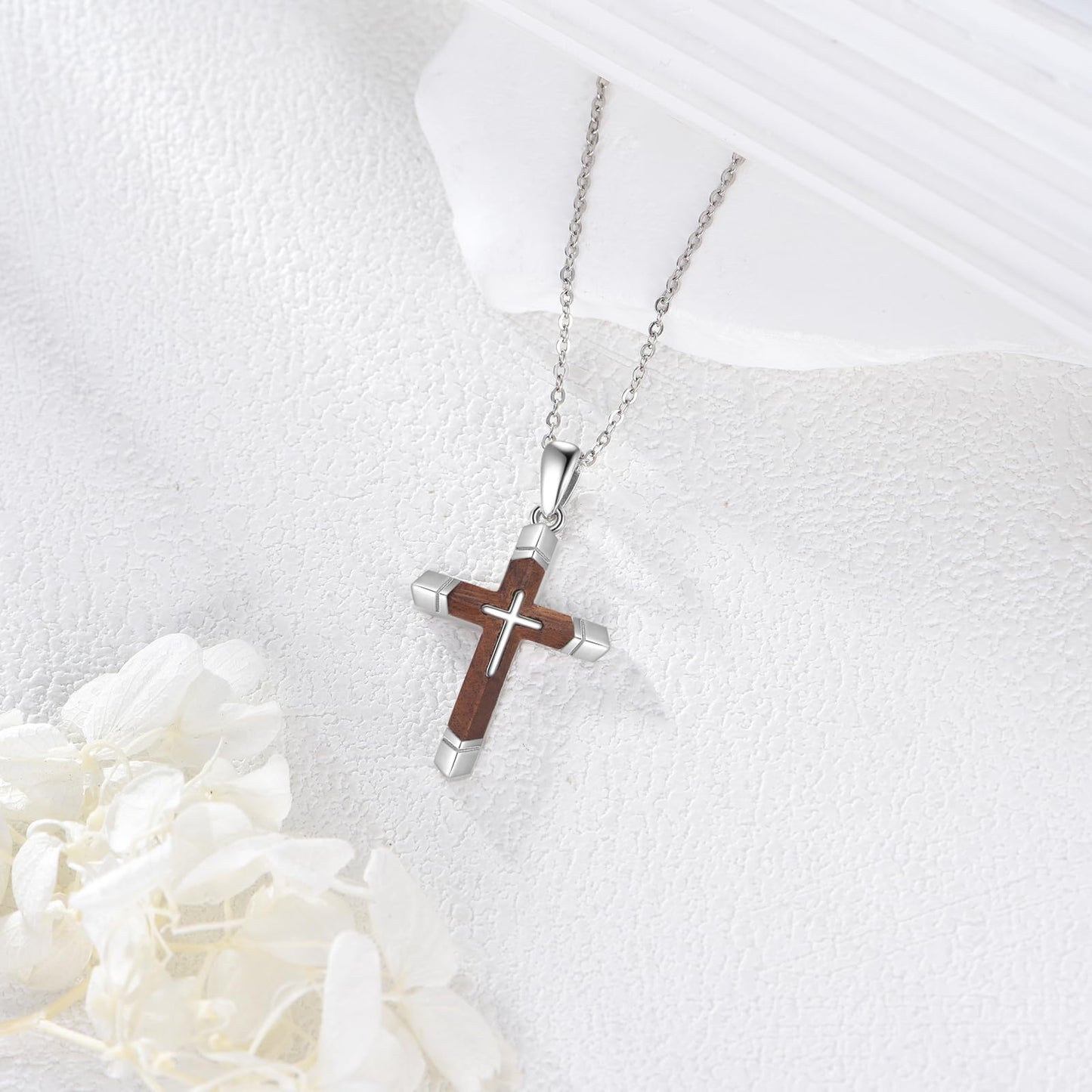 VONALA Wooden Cross Necklace 925 Sterling Silver Christian Wood Crucifix Pendant Religious Jewelry Gifts for Women Men