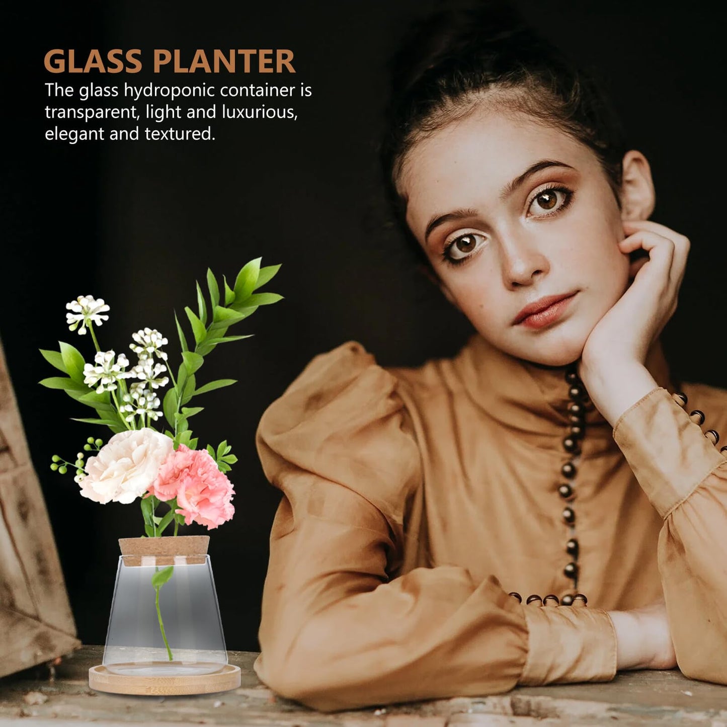 IMIKEYA Hydroponic Glass Flower Vase with Wooden Stopper and Tray, Ecological Plant Terrarium Bottle for Office Desktop Decoration and Indoor Gardening