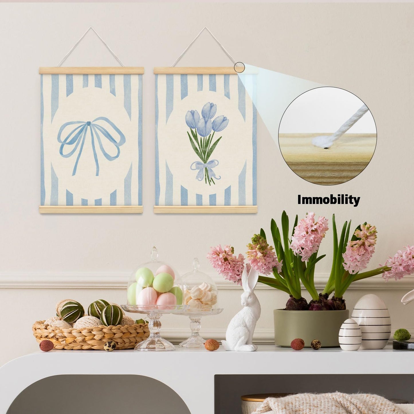 ETYZE Coquette Blue Bow Tulip Floral Wall Art Poster Hanger Frame, Spring Coquette Wall Decor, Preppy Girly Room Decor, Preppy Canvas Wall Art for Girls Room Dorm Apartment, 12x16 Inch Set of 2