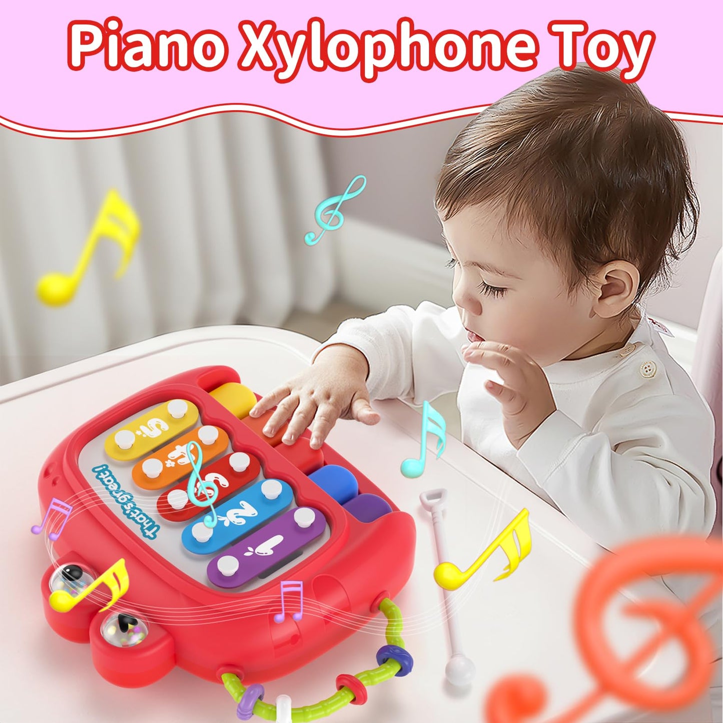 usrela 4 in 1 Baby Toy for 6 9 12 18 Month, Learning Toys for Babies 6-12 Months, Baby Busy Cube, Stacking Sorter, Pull String & Piano Xylophone Travel Toy, Birthday Gift for 1 2 Year Old