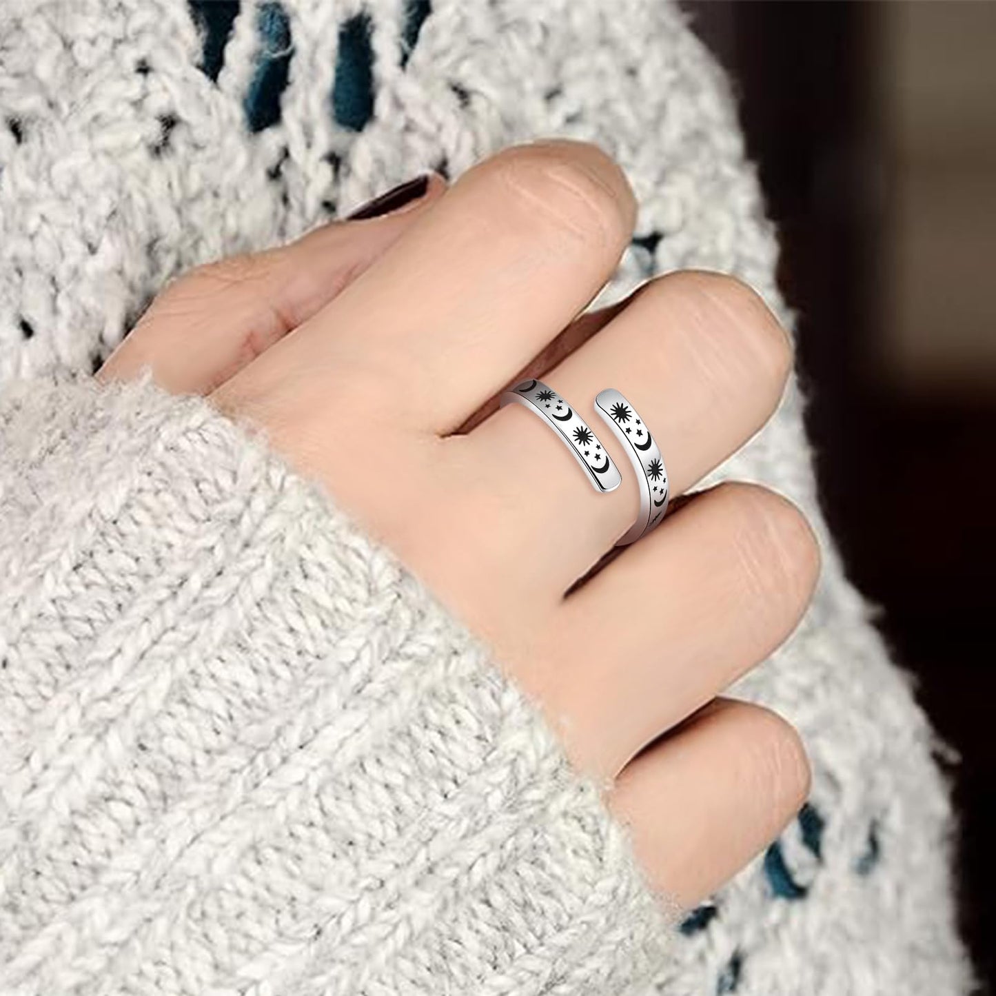 925 Sterling Silver Inspirational Jewelry Adjustable Wrap Open Ring Encouragement Gift for Women (Sun & Moon - Remember who the f♡ck you are)