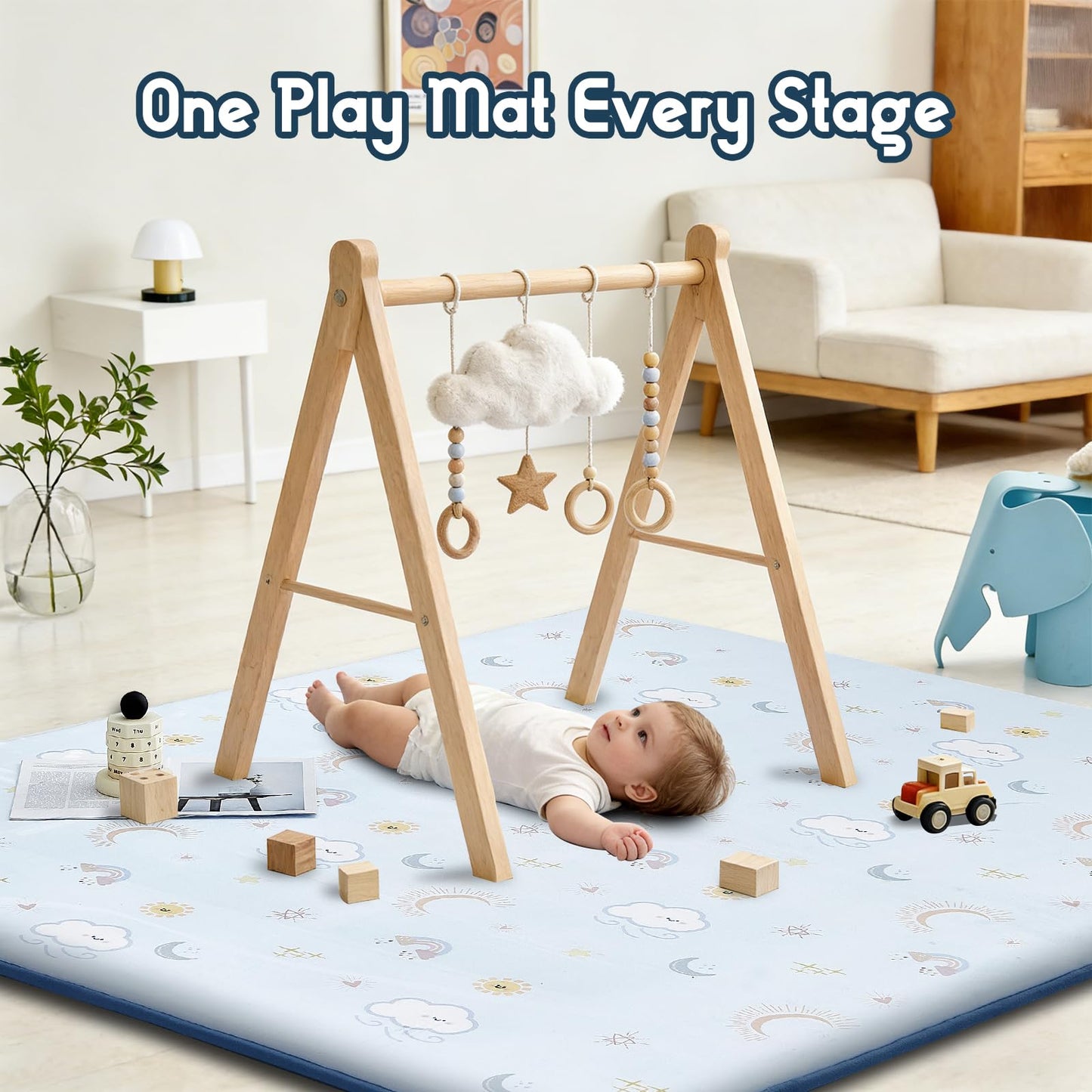 TreeBud Baby Play Mat for Floor, 1.3-Inch Thickened Foam Soft Padded Playmat for Tummy Time, 71x79 Water-Repellent Coral Velvet Playpen Mat for Toddlers Infant Kids, Sky Theme