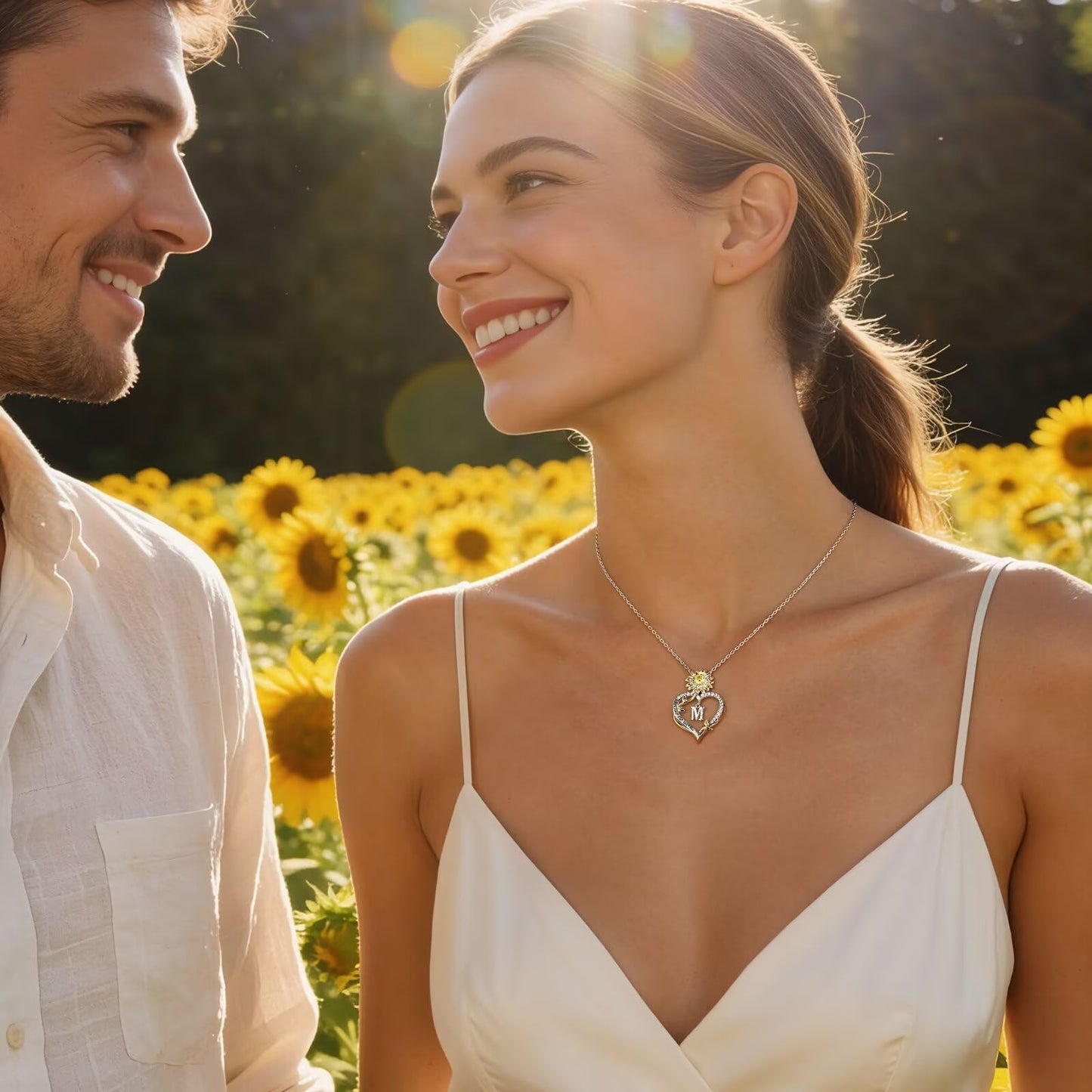 MONOOC Sunflower Gifts for Women - 14K-White-Gold-Plated Sunflower Initial Necklaces for Woman Heart Initial Letter G Necklace, Anniversary Birthday Gifts for Women Wife Mom Jewelry Gift