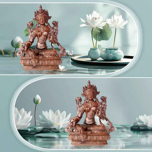 AksharaPadma Buddha Statue Indoor, 2.9 inch Handmade Pure Copper Buddha Statues for Home Decor, Vintage Office Bedroom Shelf Decor Entryway (Green Tara)