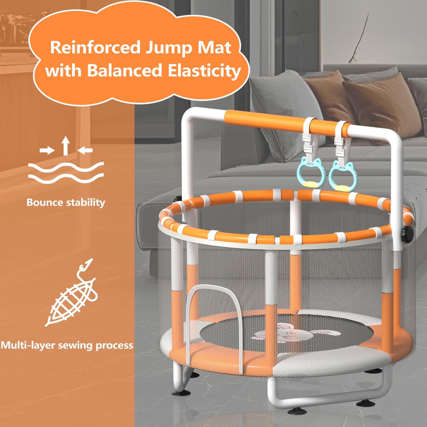 KINETRA 55" Kids Indoor Trampoline with Safety Net, Adjustable Gymnastics Bar & Toys – Indoor/Outdoor Toddler Play Gym for Boys & Girls Ages 3+, Birthday Gifts (White (Powder-Coated))