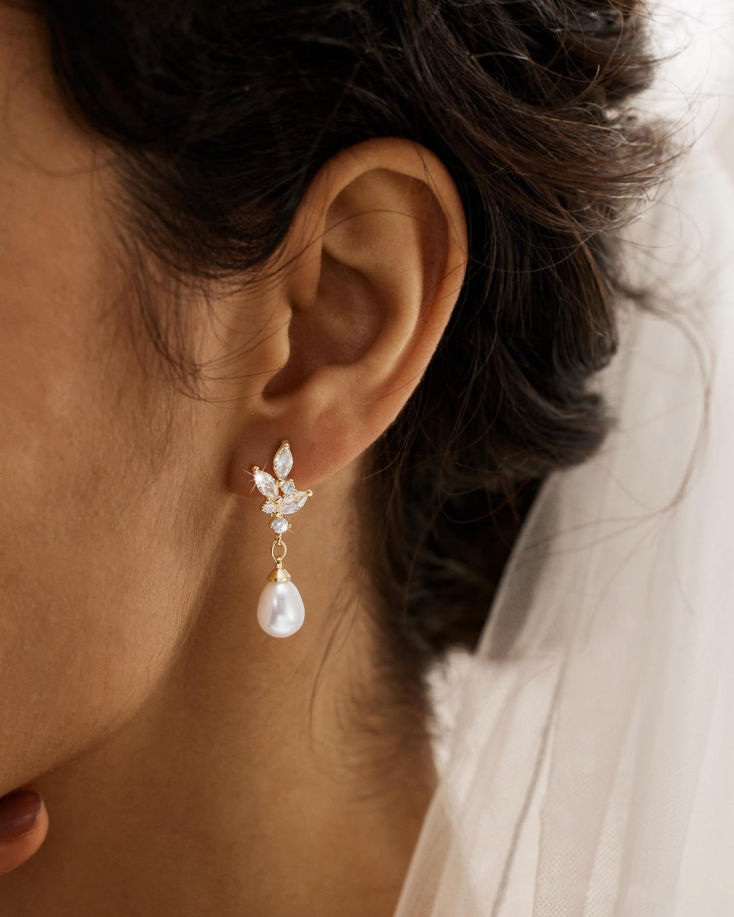Gold Pearl Dangle Earrings for Women Trendy - 14K Gold Plated Brides Drop Dangle Cubic Zirconia Elegant Prom Bridal Bridesmaids Wedding Anniversary Dangling Jewelry