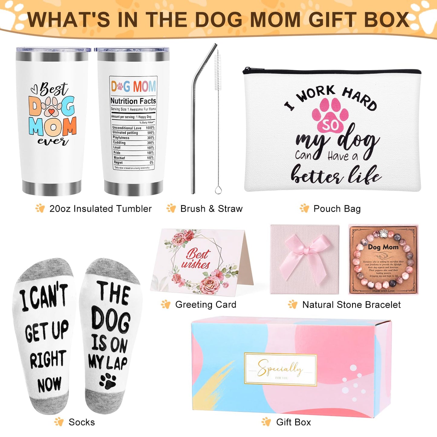Dog Mom Dog Lover Gifts for Women, 20oz Wine Tumbler Set with Makeup Bag & Natural Stone Paw Bracelets & Socks for Women - Perfect for Birthdays, Mothers Day & Christmas