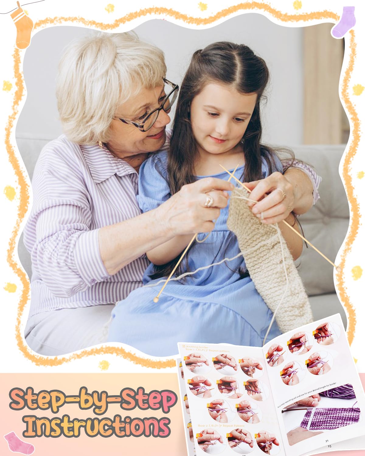 Katech Beginner Knitting Kit for Adults, 4 Pcs Socks Yarn Knitting Kit with Step by Step Instruction and 4 Knitting Needles, Knitting Starter Kit for Learn to Knit Craft Kits Gift
