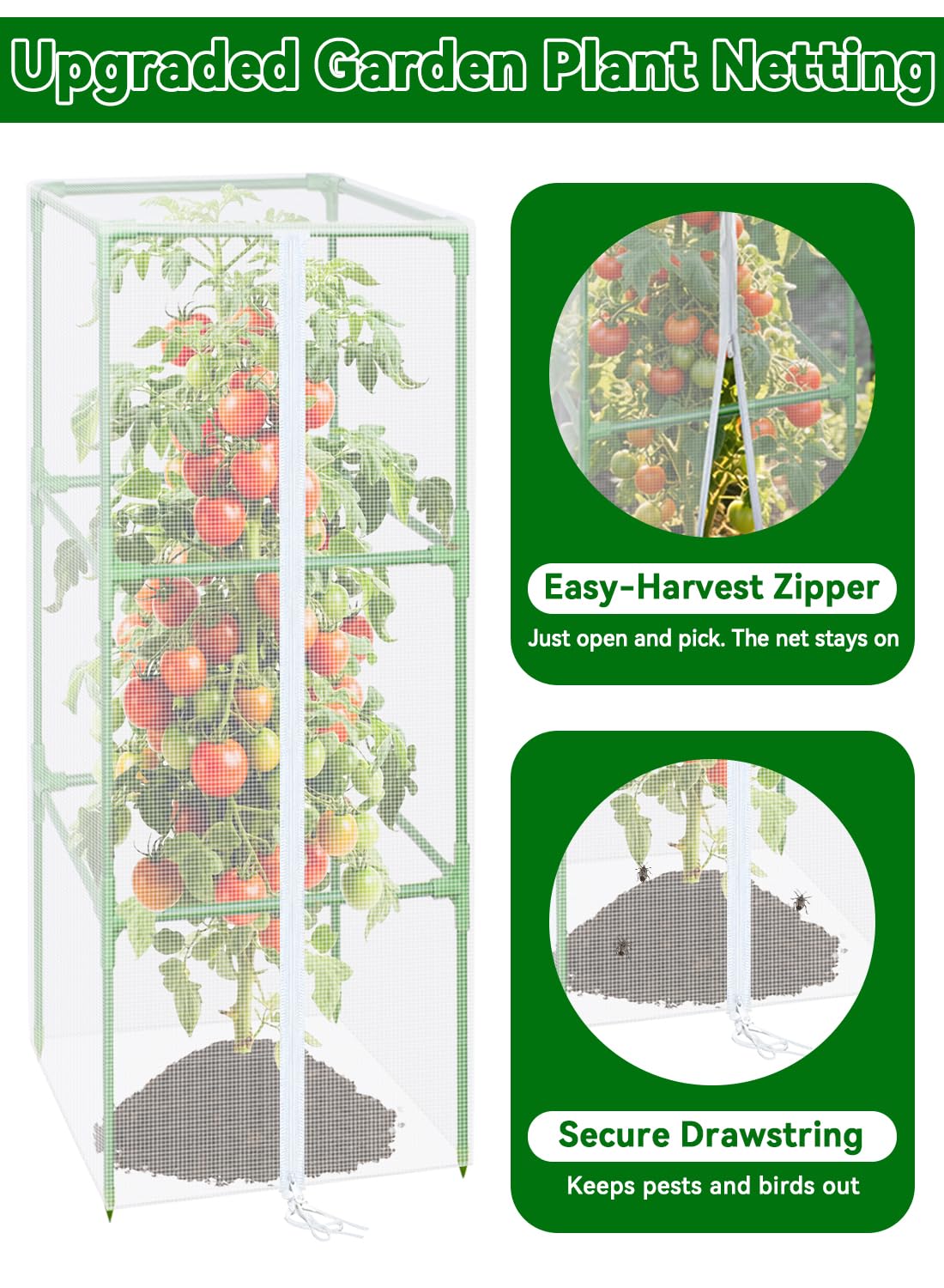 ZeeDix 57" x 16.1" Garden Bird Netting for Square Tomato Cage, 2 Pack Garden Mesh Barrier, Plant Covers Protect Tomatoes, Vegetables, Blueberry Bush from Birds & Pests