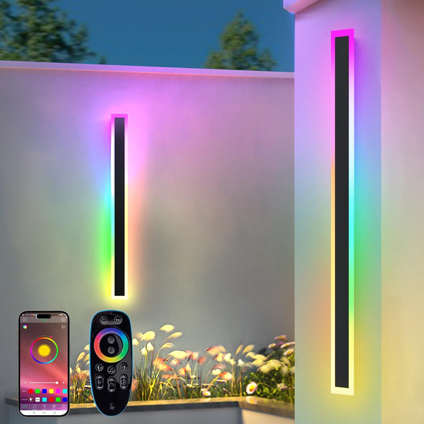 Zihoi 2 Pack Outdoor RGB Long Wall Lights, 23.6inch Wall Lights RGB/Warm/White Dimmable Modern Led Wall Lighting, Ip65 Waterproof Wall Sconce with Remote APP Control for Outdoor/Indoor Party Gathering