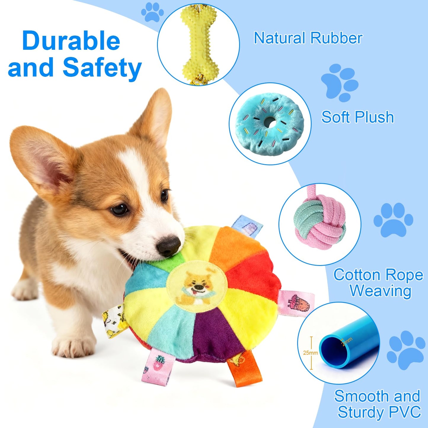 LemSen Puppy Play Gym with 8 Hanging Toys - Indoor Jungle Gym for Small Dogs, Interactive Enrichment Activity Center for Puppies, 19.5" PVC Frame with Teething Squeaky Toys to Keep Them Busy