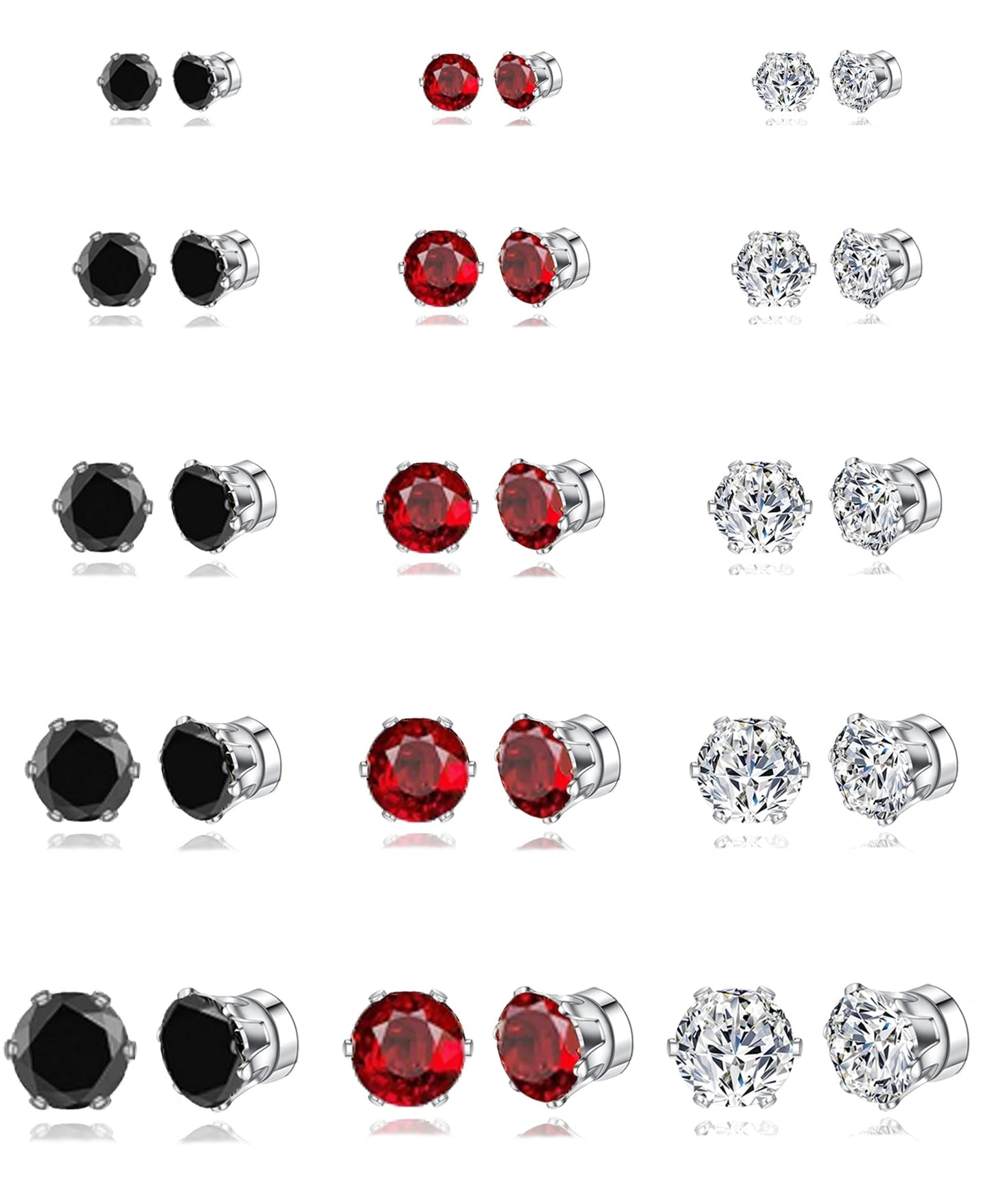 Ofeiyaa 15 Pairs Magnetic Stud Earrings Cubic Zirconia Non-Piercing Earrings Set Clip on Fake Earring Jewelry for Women Men 4-5-6-7-8MM White Black Red Color