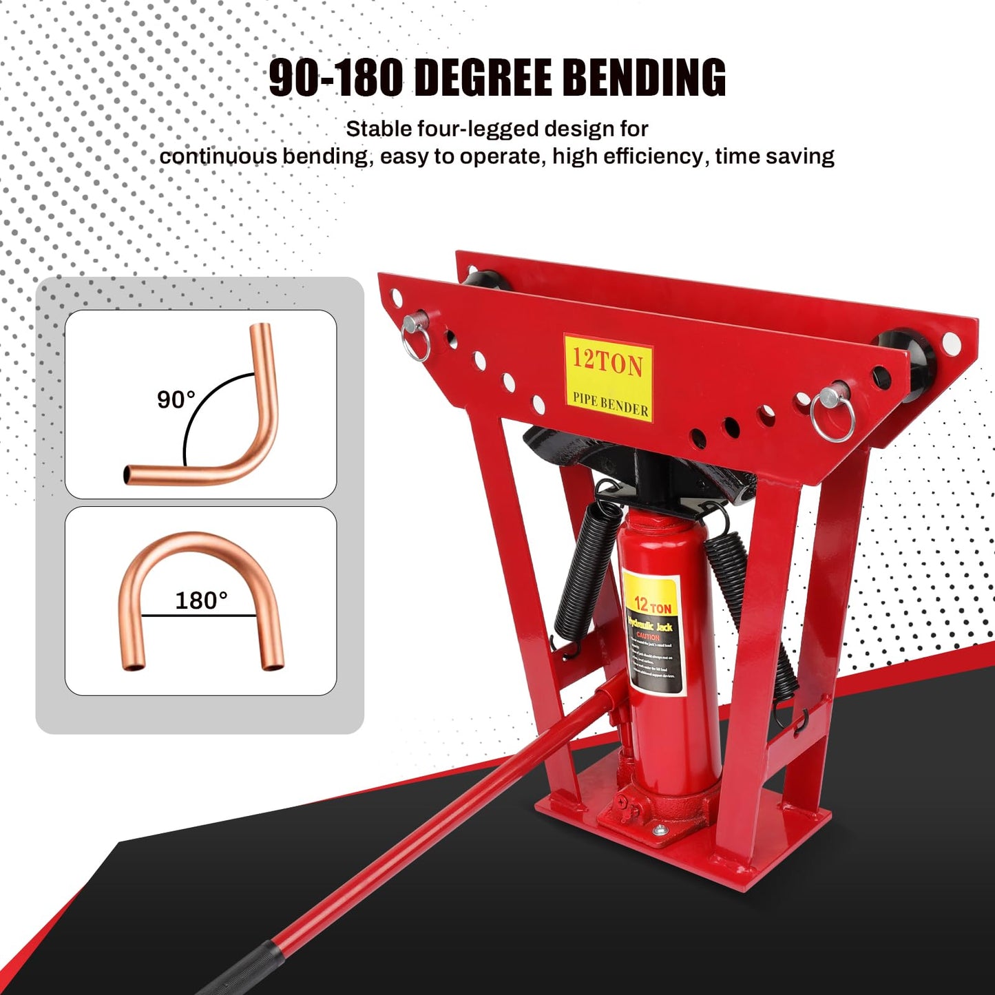 Hydraulic Pipe Bender, 12 Ton Manual Copper Pipe Bender, 90°-180° Adjustable Rollers Hydraulic Tubing Bender with 6 Dies for Steel Iron Metal Ratcheting