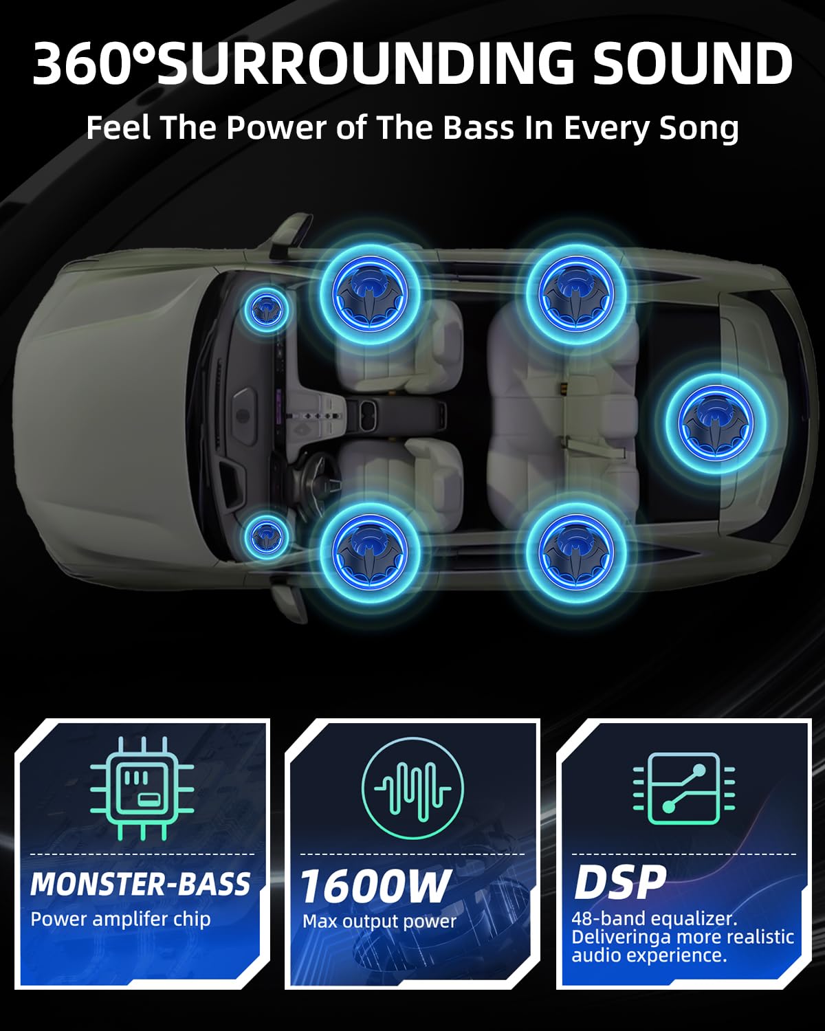 SUBPULSIX 1600W Slim Underseat Car Subwoofer and Amp Package, Powered Under Seat Subwoofer with Built-in Amp, Subsonic Deep Bass, Cast Aluminum, DSP Class D, LED Ambient Light, for Truck SUV Sedan