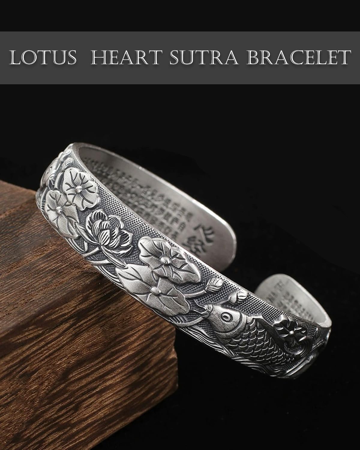 Feng Shui Lotus Heart Sutra Bracelet - Adjustable Vintage Silver Bracelet for Women Men, Tibetan Buddhist Mantra Lucky Amulet, Wealth Luck Protection Meditation Gifts