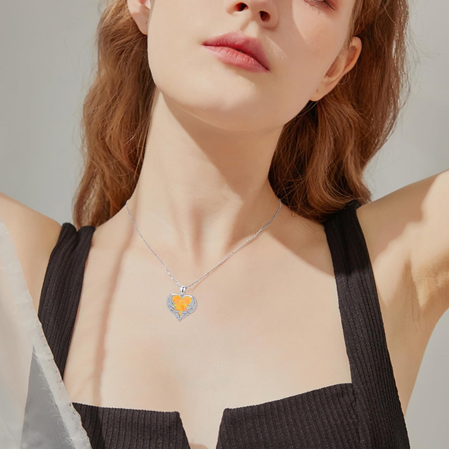 CUOKA MIRACLE Heart Necklace Angel Wing Heart Opal Necklace 925 Sterling Silver Women Necklace Guardian Angel Wings Pendant Necklace Dainty Opal Jewelry Birthday Gifts for Mom Women (Yellow Opal Wings)