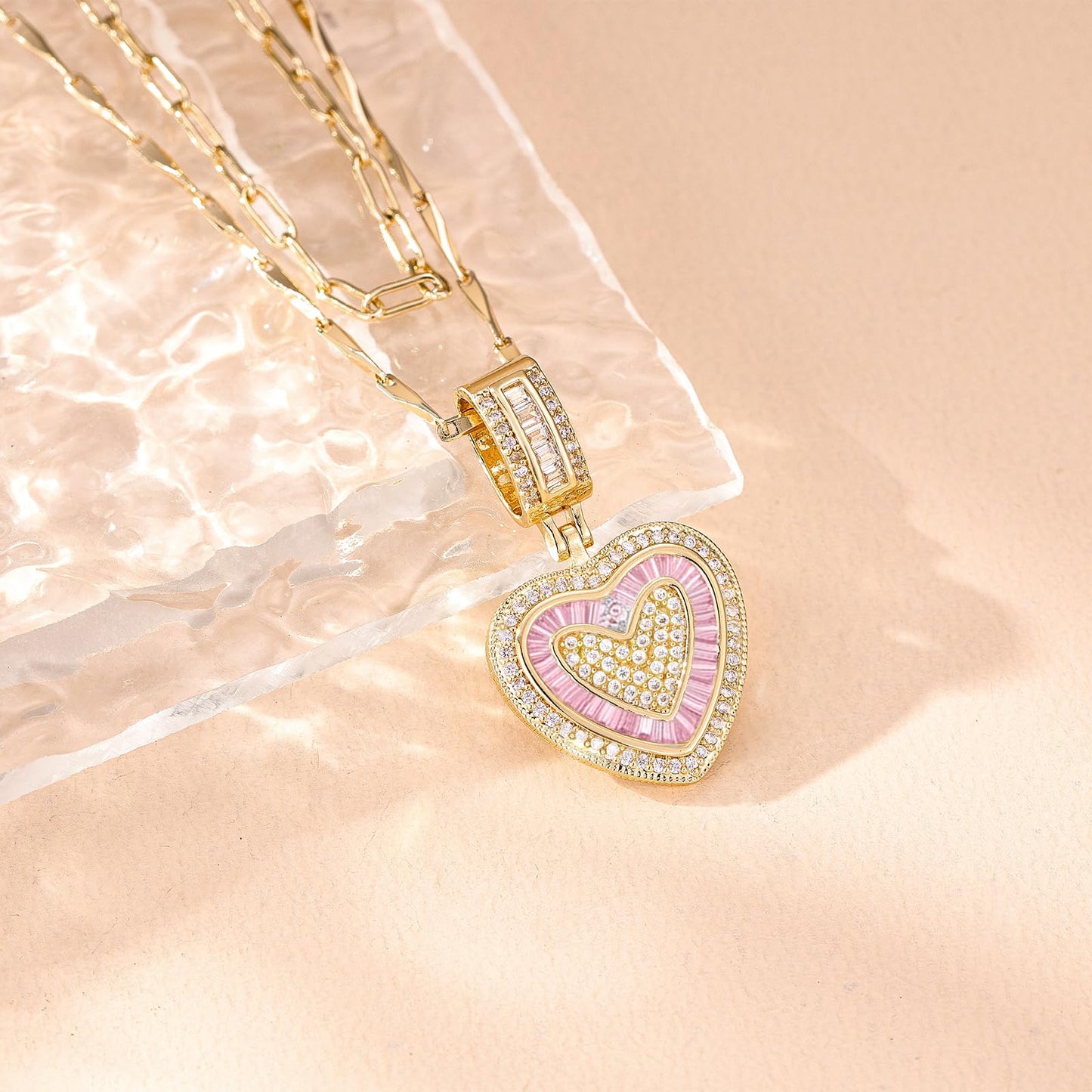 MEIITRUE Heart Necklaces for Women Trendy 14k Gold Plated Dainty Layered Necklace Set Cubic Zirconia Love Pendant Choker Thin Paperclip Chain Stackable Jewelry Gift Pink