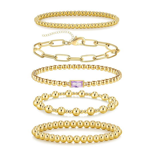 5 PCS Gold Bracelets for Women, Dainty Birthstone Bracelet 14K Gold Plated Stackable Paperclip Cuban Link Chain Bead Bracelets, Fashion Trendy Jewelry Sets Birthday Gifts