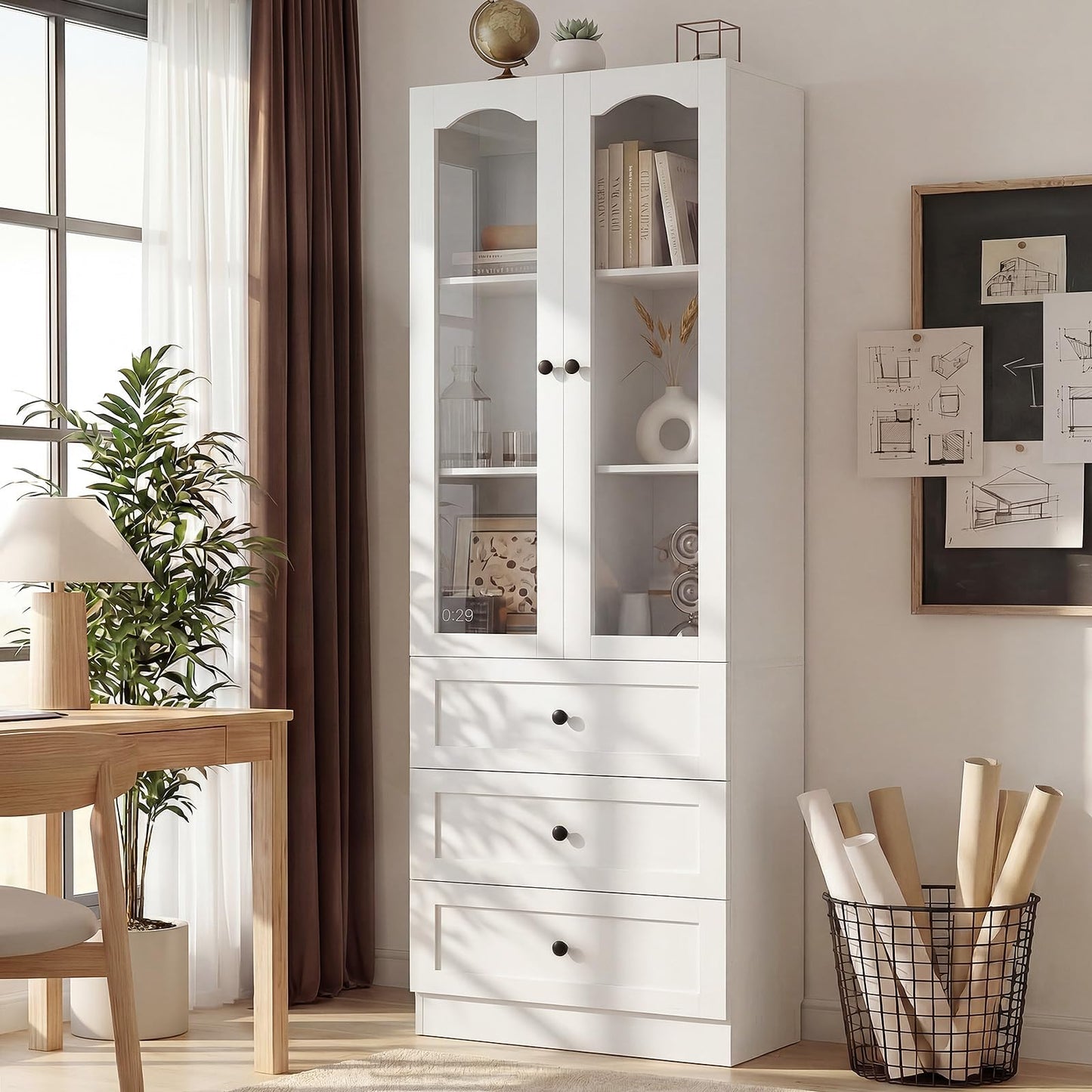 Cyclysio 80" Tall Pantry Cabinet for Kitchen Storage, White Pantry Cabinet with Glass Doors & 3 Drawers - Freestanding Storage Bookcase with Built-in Baseboard Notch for Dining, Living Room
