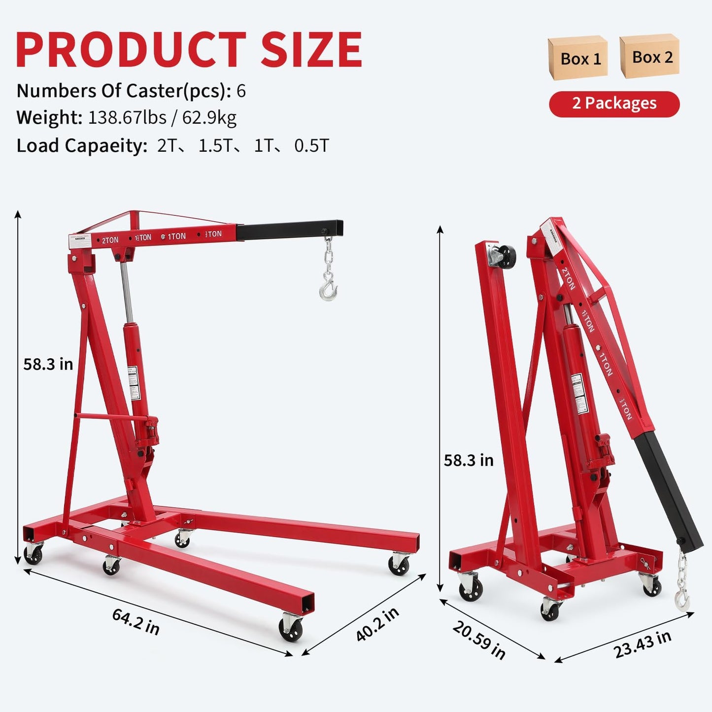 GarveeTech 2-Ton Folding Engine Hoist Cherry Picker 4400 Lb Capacity Hydraulic Shop Crane with Telescoping Boom 6 Caster Wheels for Automotive Repair Garage Use Includes Hitch and Storage Stand Red