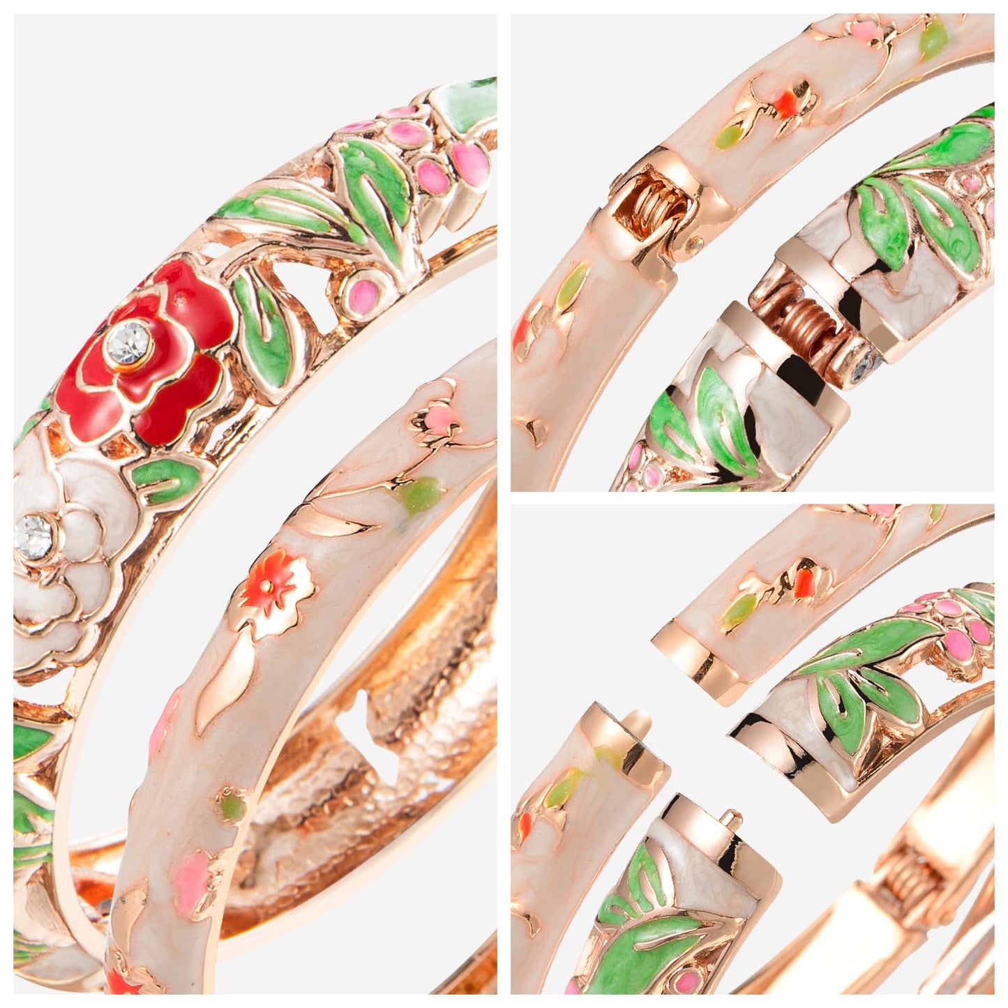 UJOY Women Cloisonne Bracelet Multi-Colors Gold Plated Rhinestone Flower Hollowed Enameled Hinged Cuff Bangles Jewelry Gift 88A10-3PCS Cream White