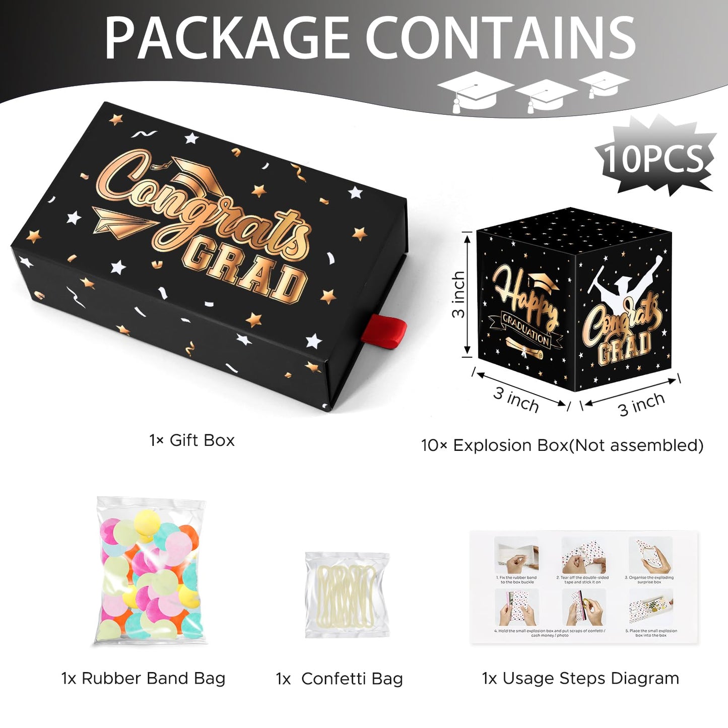 WenmthG 2026 Graduation Surprise Gift Box Explosion for Money - 10 Pcs Grad Pop Out Folding Bounce Money Gift Box with Confetti - Cash Gift Idea for Grad - Graduation Money Bank Party Supply (Black Gold)