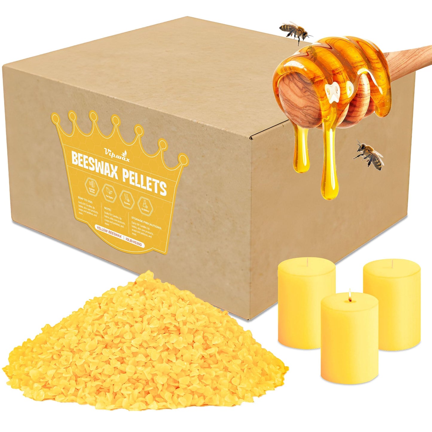 VIPwax Yellow Beeswax Pellets 10LB, Natural Organic Beeswax, Beeswax for Candle Making, Body, Skin Care DIY, Lip Balm and Soap Making Supplies(4530g)