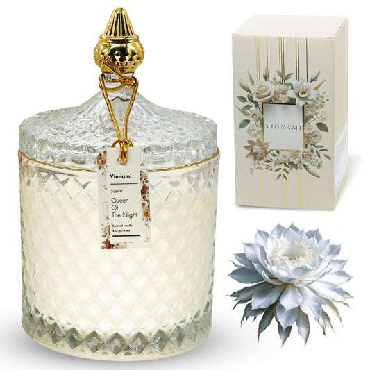 VIONAMI Luxury Scented Candle Gift – Queen of The Night Rare Flower Fragrance in Elegant Glass Jar, Decorative Soy Candles Gifts for Women, Long-Lasting 80 Hr, 14.8 oz, Luxury Candles for Women