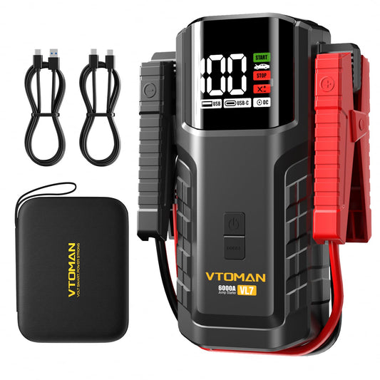 VTOMAN VL7 6000A Jump Starter Upgraded with LiFePO4 Battery,24000mAh Portable Car Battery Booster (All Gas/10L Diesel),12V Jump Box Power Pack with USB-A,Type-C & DC Output,LED Light,EVA Bag