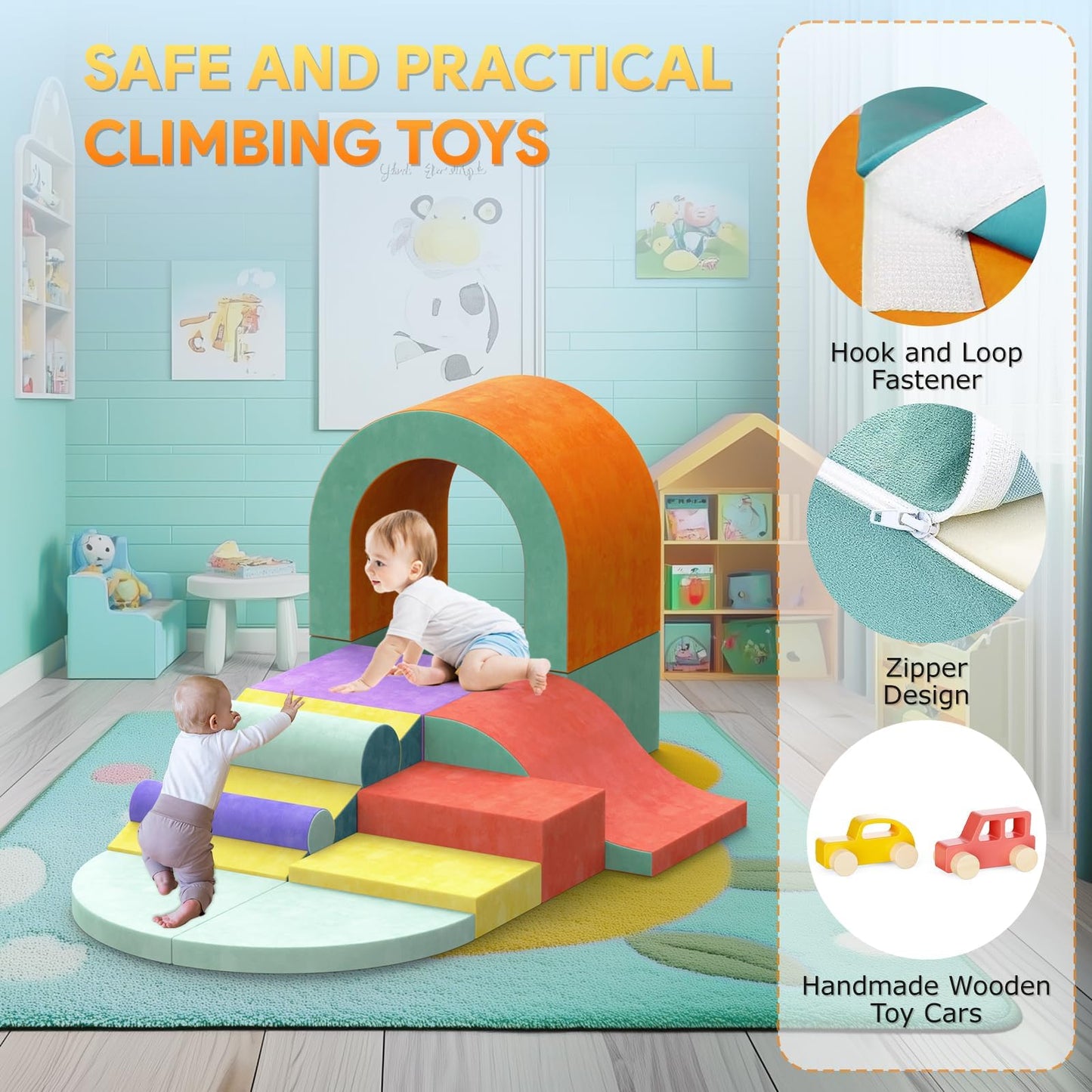Yaofala Foam Climbing Blocks for Toddlers, 12 PCS Colourful Toddler Climbing Toys Indoor, Soft Play Set with Toy Car, Flexible Crawling and Sliding Climbing Blocks