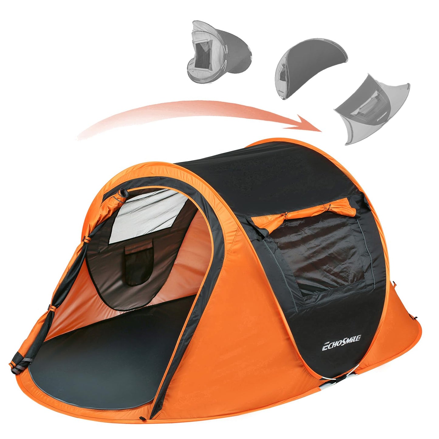 EchoSmile Instant Pop Up Camping Tent, 2 Person Easy Setup Tent, Water Resistant Dome, Portable with Carry Bag(Black & Orange,2 Person)