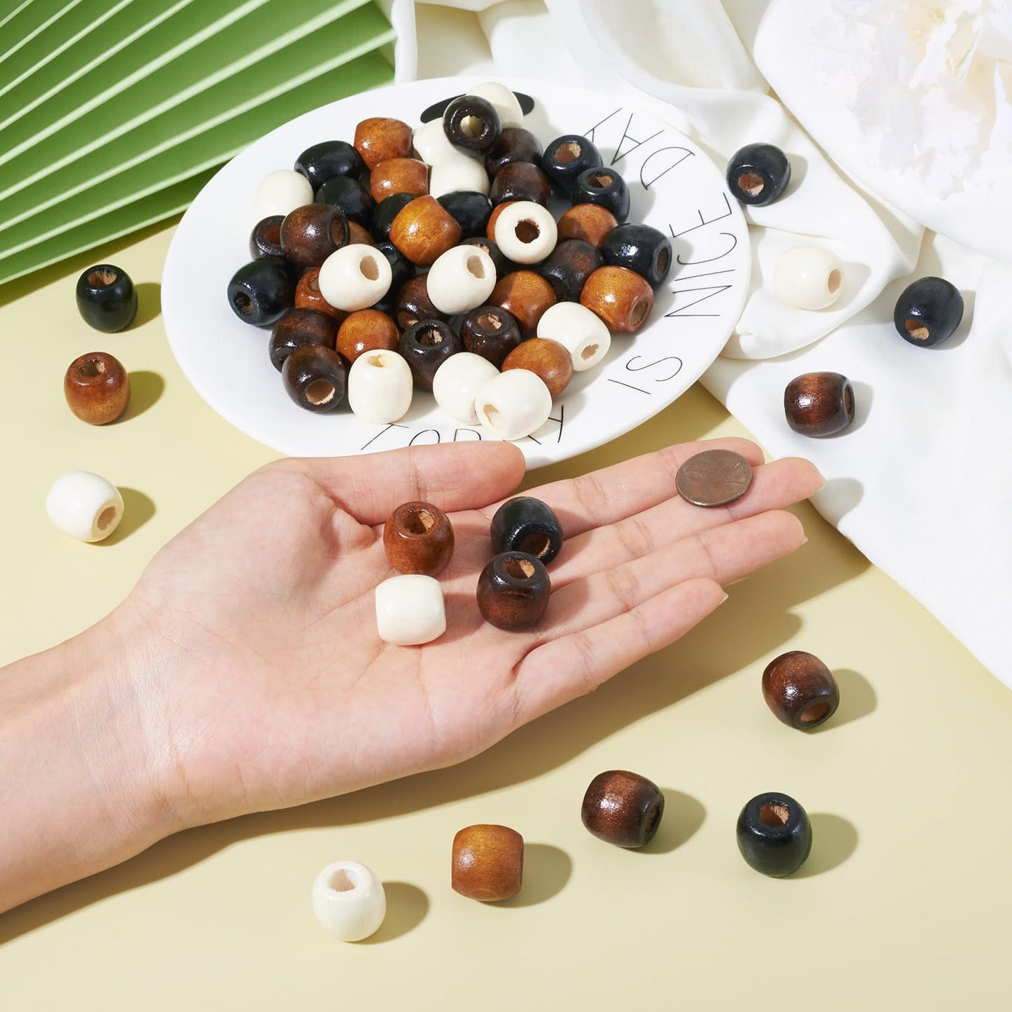 Craftdady 200Pcs Large Hole Barrel Wood European Loose Beads 4 Colors Natural Wooden Dreadlock Hair Braid Beads 16x16-17mm for Macrame Rosary Bracelet Jewelry Craft Making Hole: 8mm
