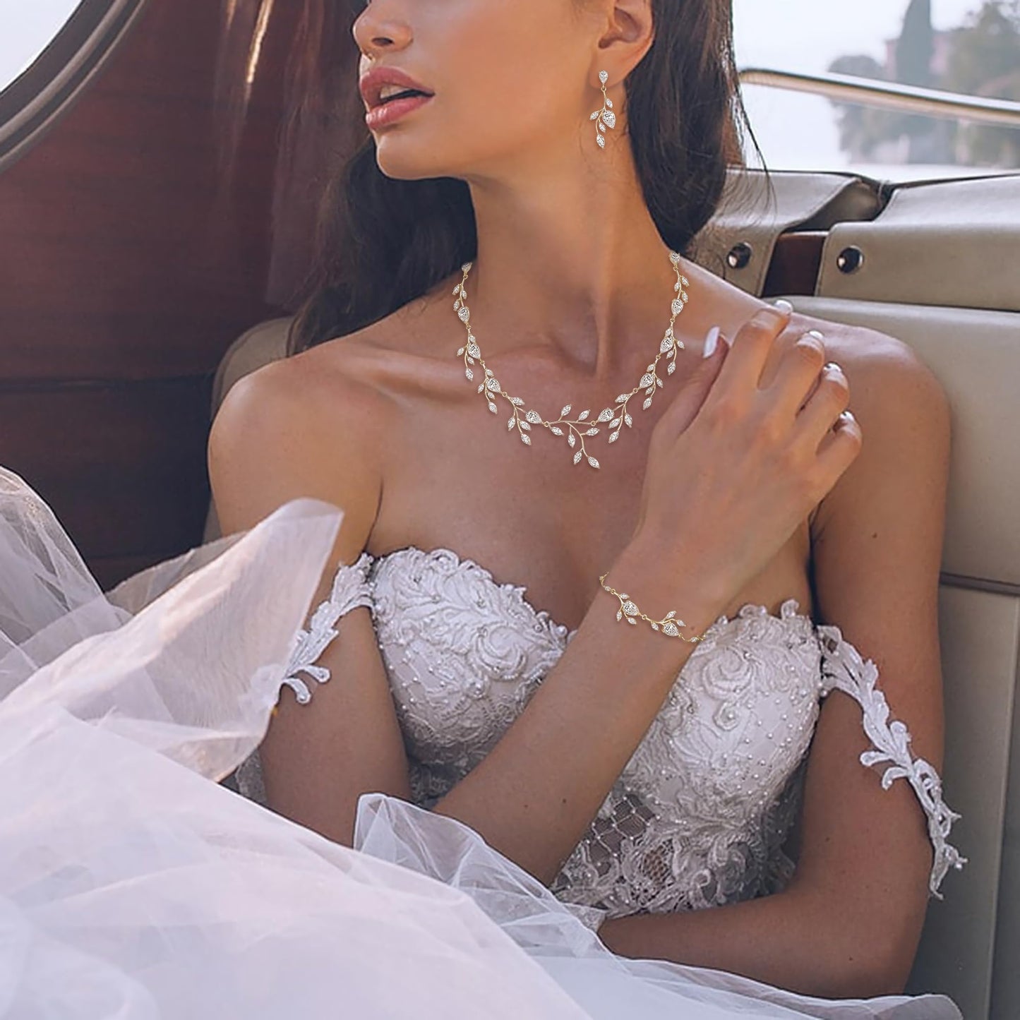 EVER FAITH Wedding Jewelry for Bride Women Bridesmaid, Sparkly Cubic Zirconia Pear-Shaped Birthstone Leaf Necklace Earrings Bracelet Set for Prom Clear Gold-Plated-Brass