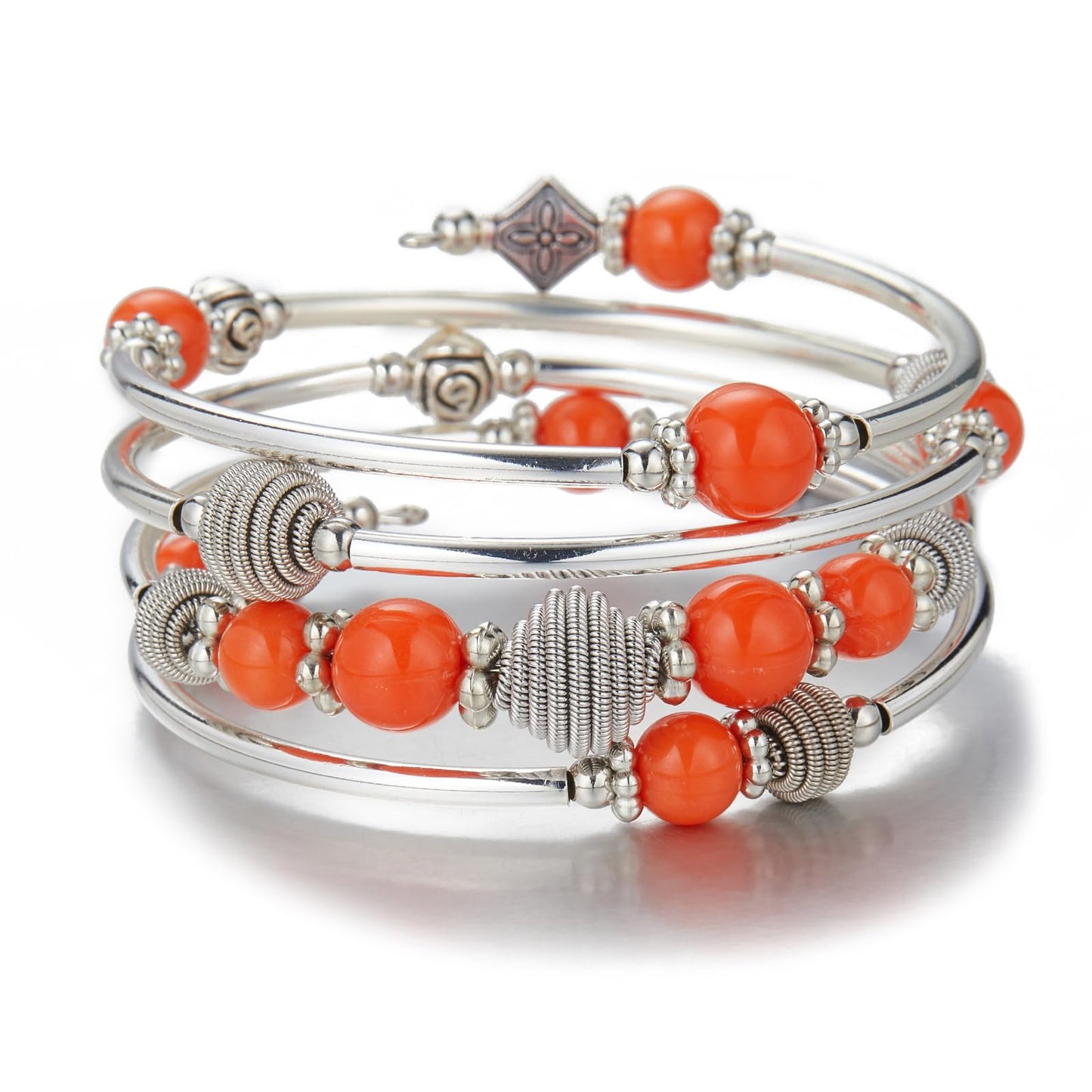 PEARL&CLUB Beaded Chakra Bangle Turquoise Bracelet - Fashion Jewelry Wrap Bracelet with Thick Silver Metal and Mala Beads, Birthday Gifts For Women(Orange)