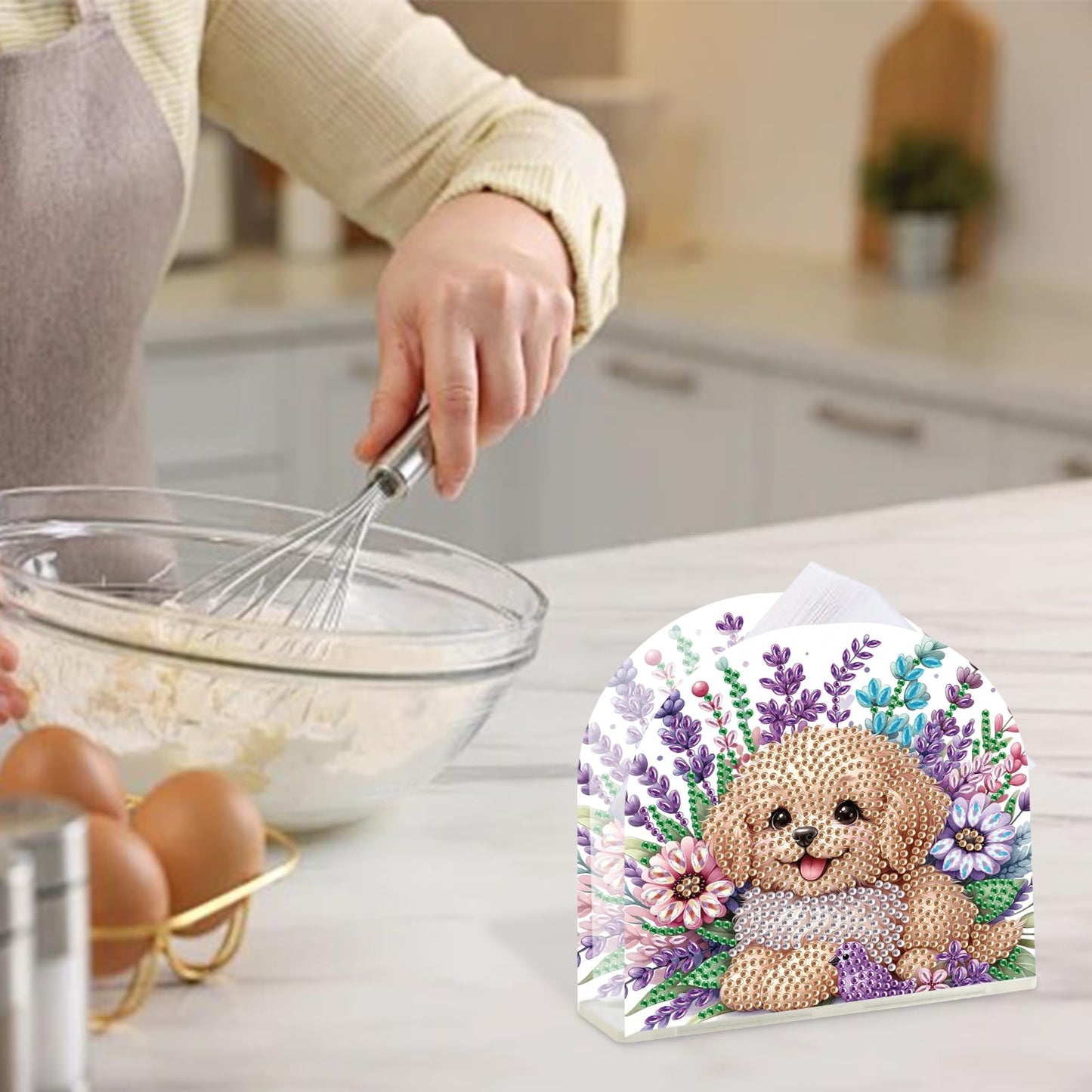 TDFERAN Diamond Art Napkin Holder, DIY Puppy Acrylic Tissue Storage Box for Table, Diamant Painting Kits Cocktail Napkin Holder, Diamond Painting for Paper Holders, Kitchen Decor