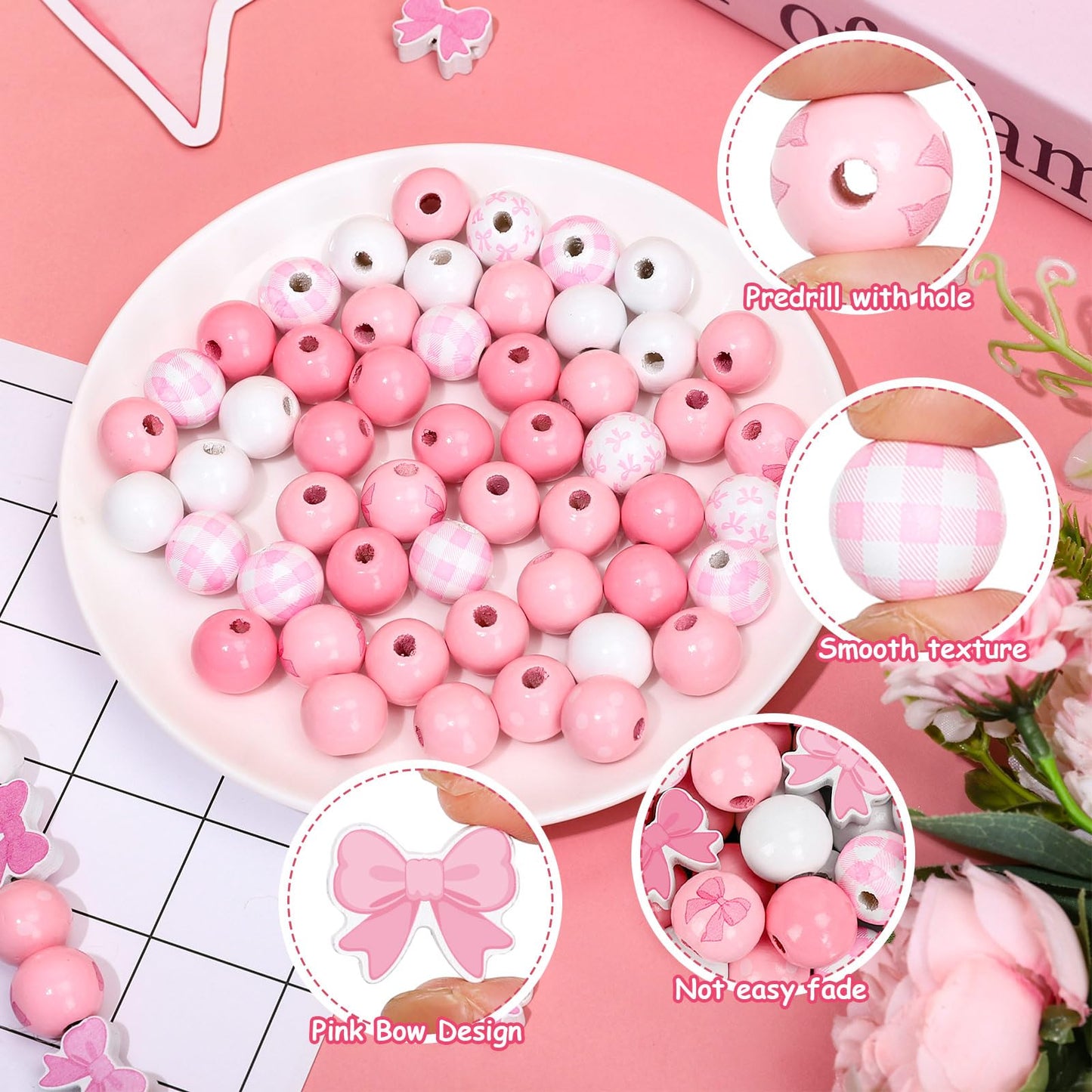 FYSUIMU 200 Pcs Pink Bow Wooden Beads Pink White Round Spot Plaid Craft Bead Cute Bowknot Shaped Wood Focal Beads for Mother's Day Valentine's Day DIY Bracelet Necklace Making Supplies