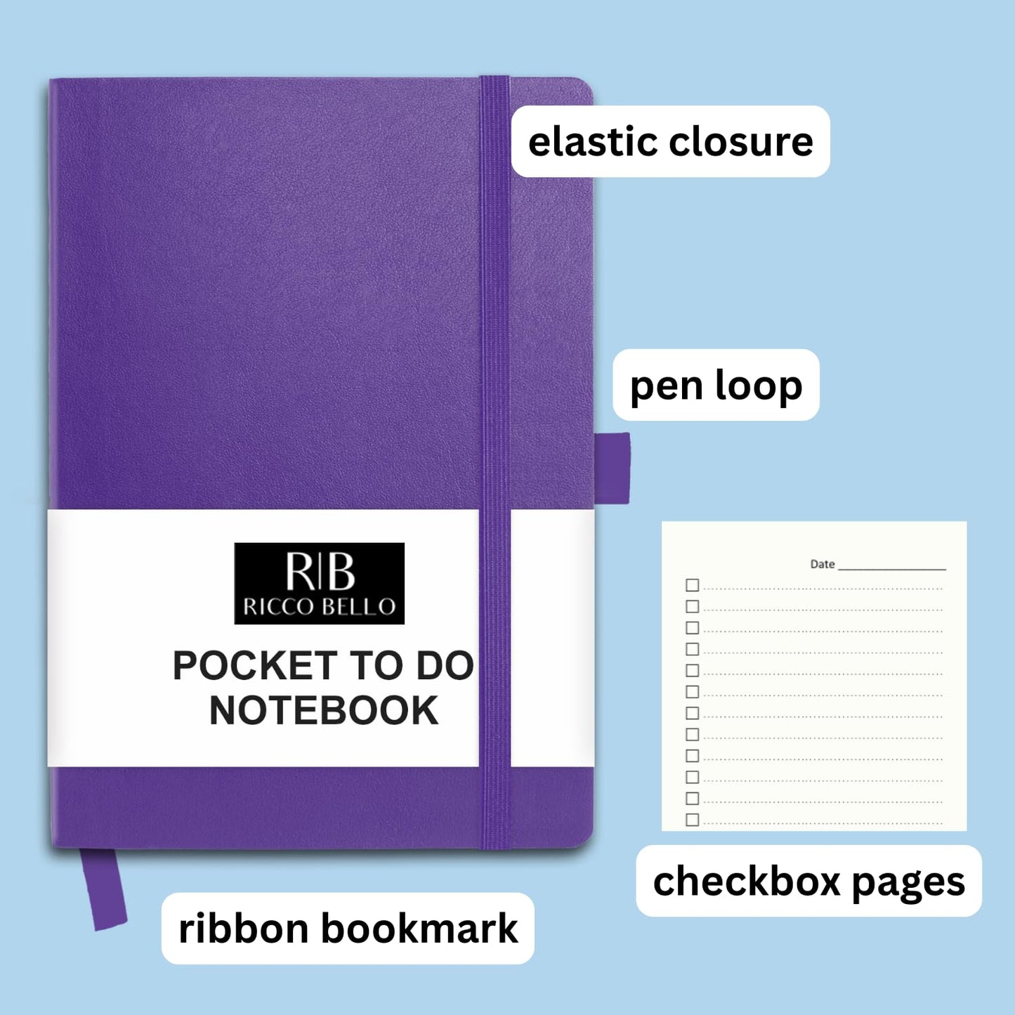 RICCO BELLO Hardcover Pocket to Do List, Undated, Faux Leather Notebook with Pen Holder, For Work, School, Home, Productivity Planner, 4.25 x 6 inches (Purple)