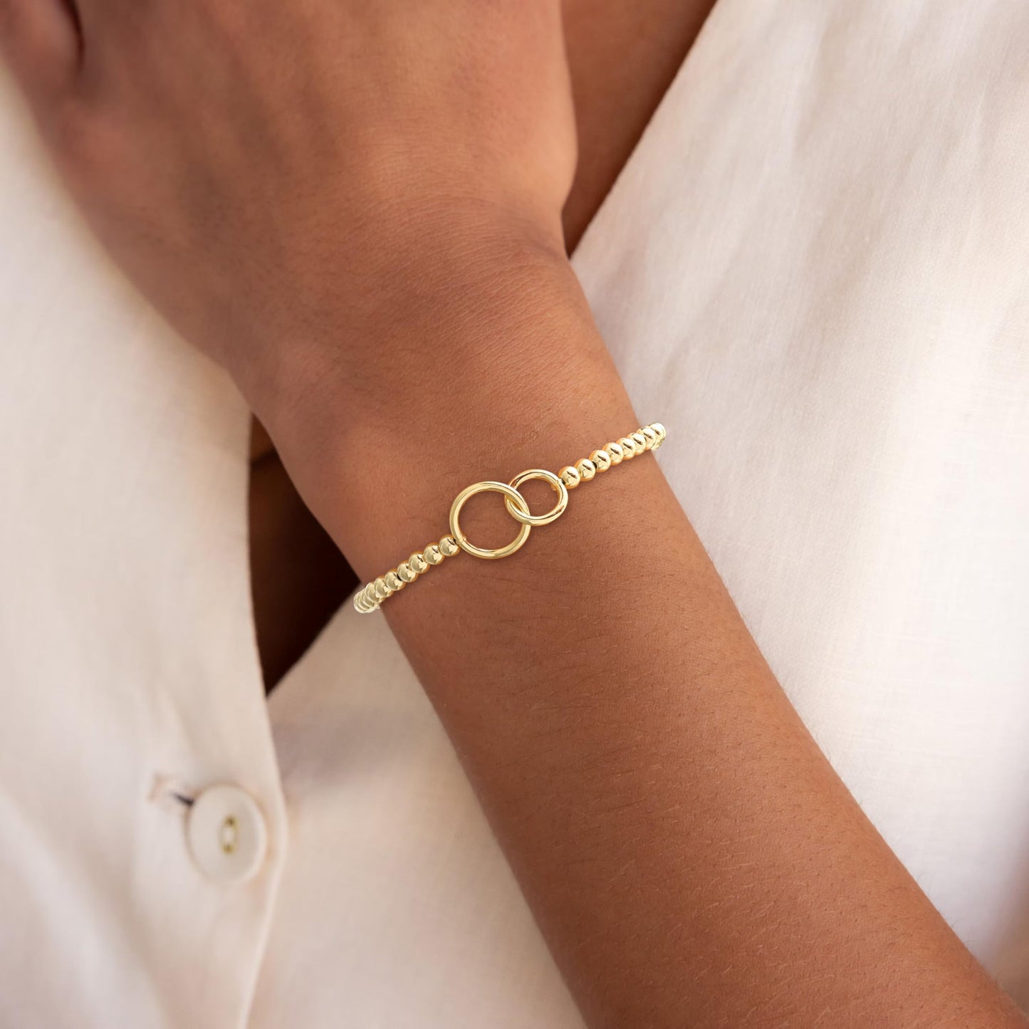 Beaded Bracelets for Women 14K Silver Gold Plated Stretch Handmade Ball Bracelets Cute Charm Bracelet Dainty Stackable Cross Heart Bow Wave CZ Circle Trendy Jewelry Easter Gifts (double-circle)