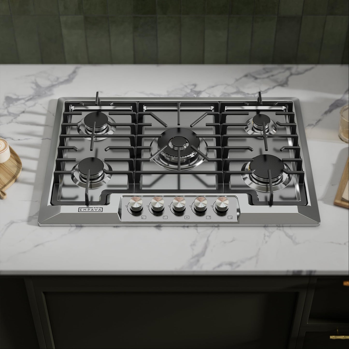 Empava 30 Inch Built-in Gas Cooktop with 5 Sealed SABAF Burners, Stainless Steel Surface, LPG/NG Convertible, Flame Failure Protection, Dishwasher Safe Grates
