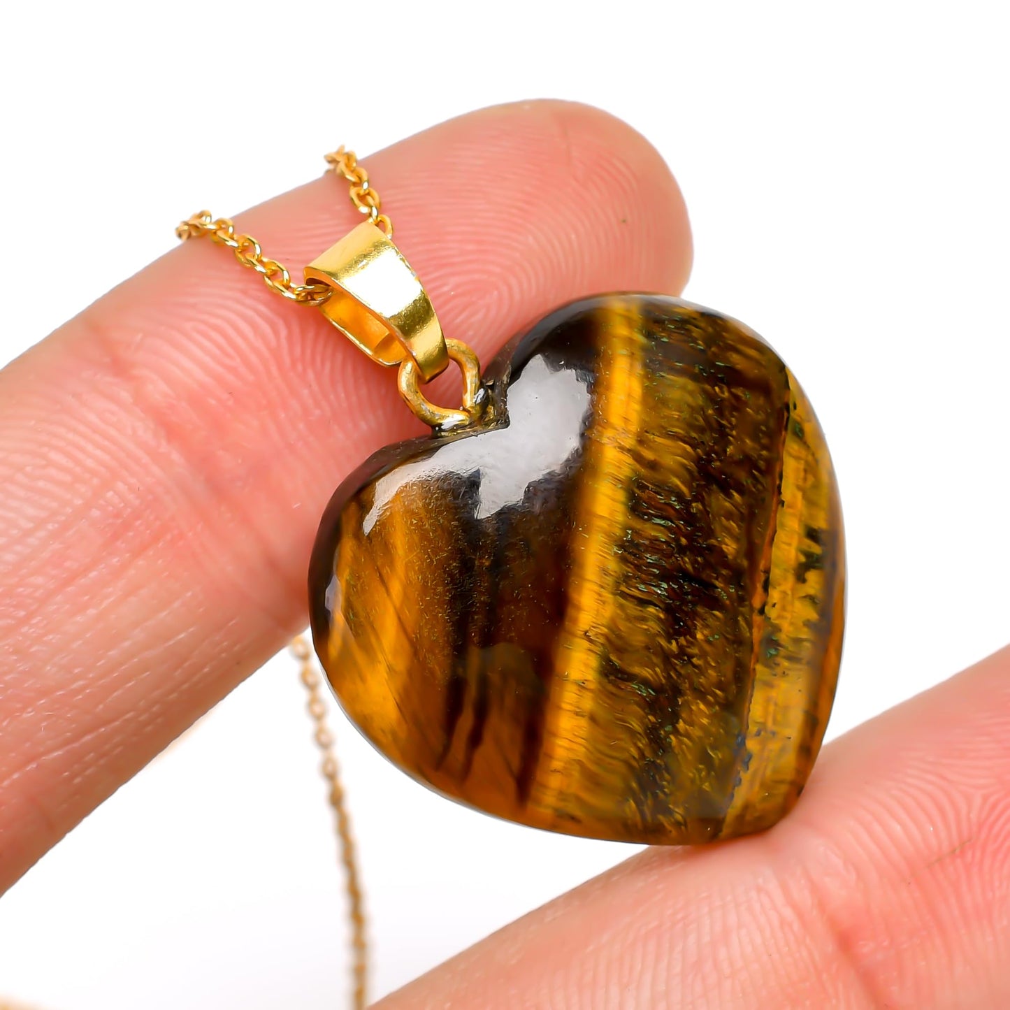 Yashee Tiger Eye Gemstone Heart Shape Pendant Necklace, Natural Cabochon, Women Jewelry, Energy Healing Crystals, Calm Chakra, Birthstone, Gift for Women, Gold Plated Jewelry 18 inch, AA+ Quality