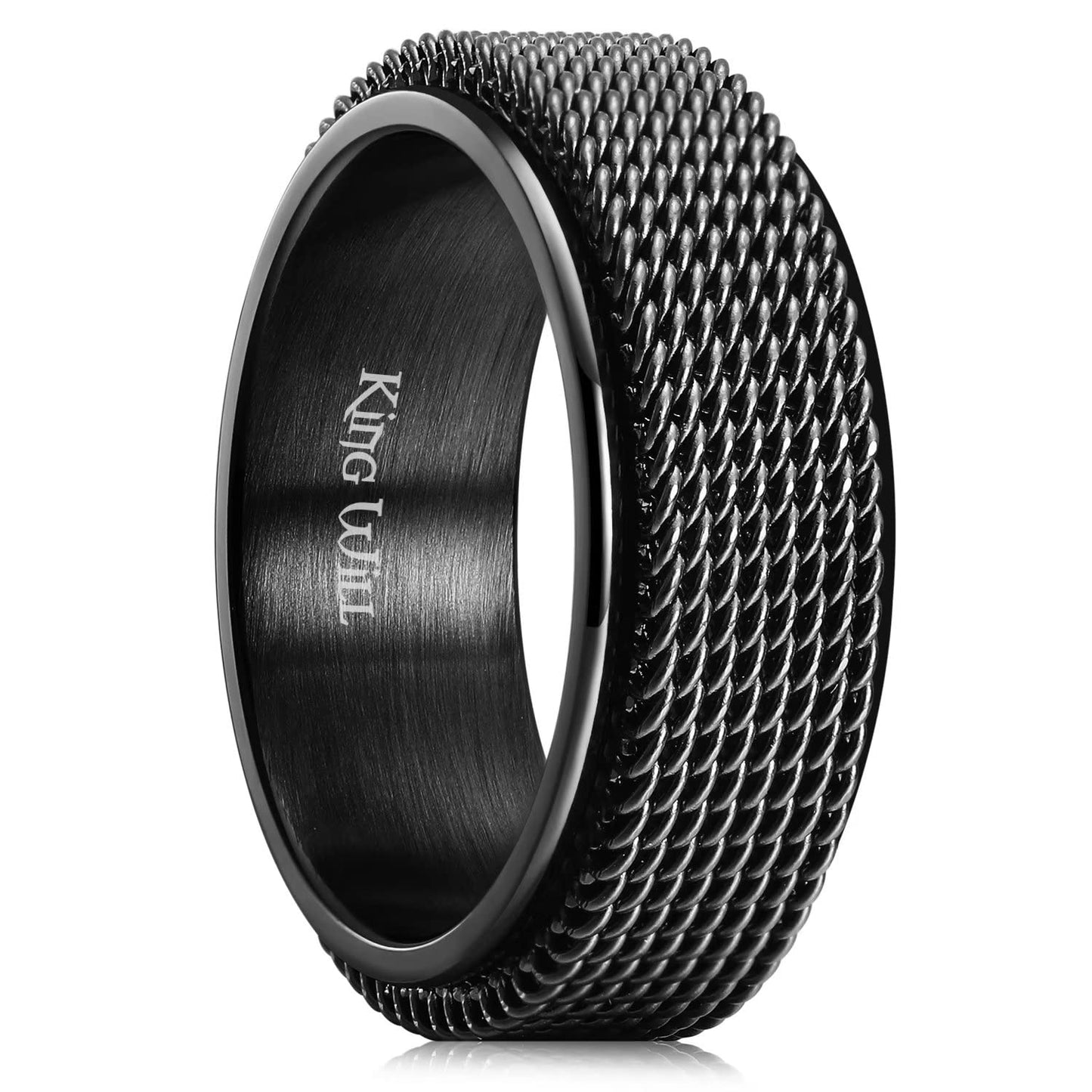 King Will Black 8mm Stainless Steel Chain Mesh Simple Plain Spinner Anxiety Ring for Women Men Wedding Band Ring Fidget Ring Mesh Chain Woven Mesh 9