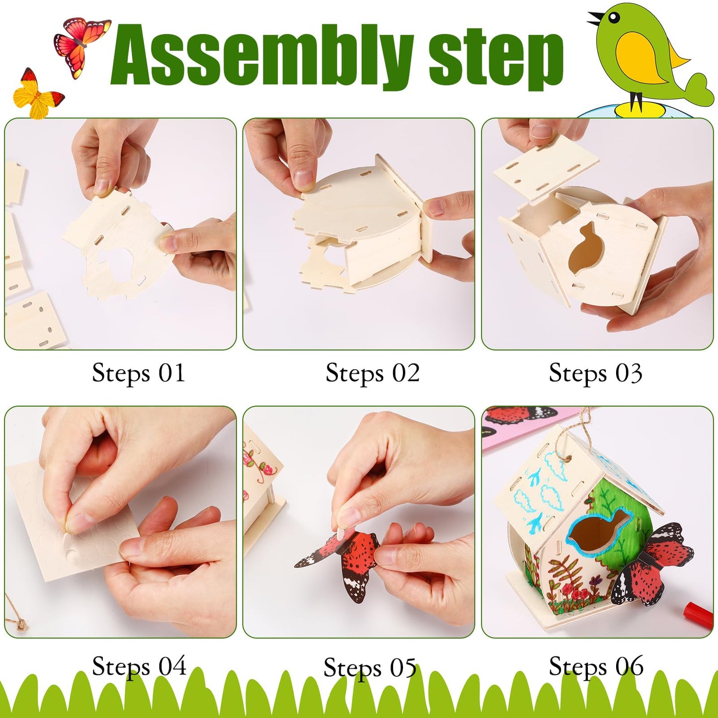 Outus 24 Pcs Wooden DIY Birdhouse Kits for Kids to Build, 4 Shapes Birdhouse Kit Wooden Unfinished with Butterfly Sticker for Boy Girl Arts Crafts(Cute)