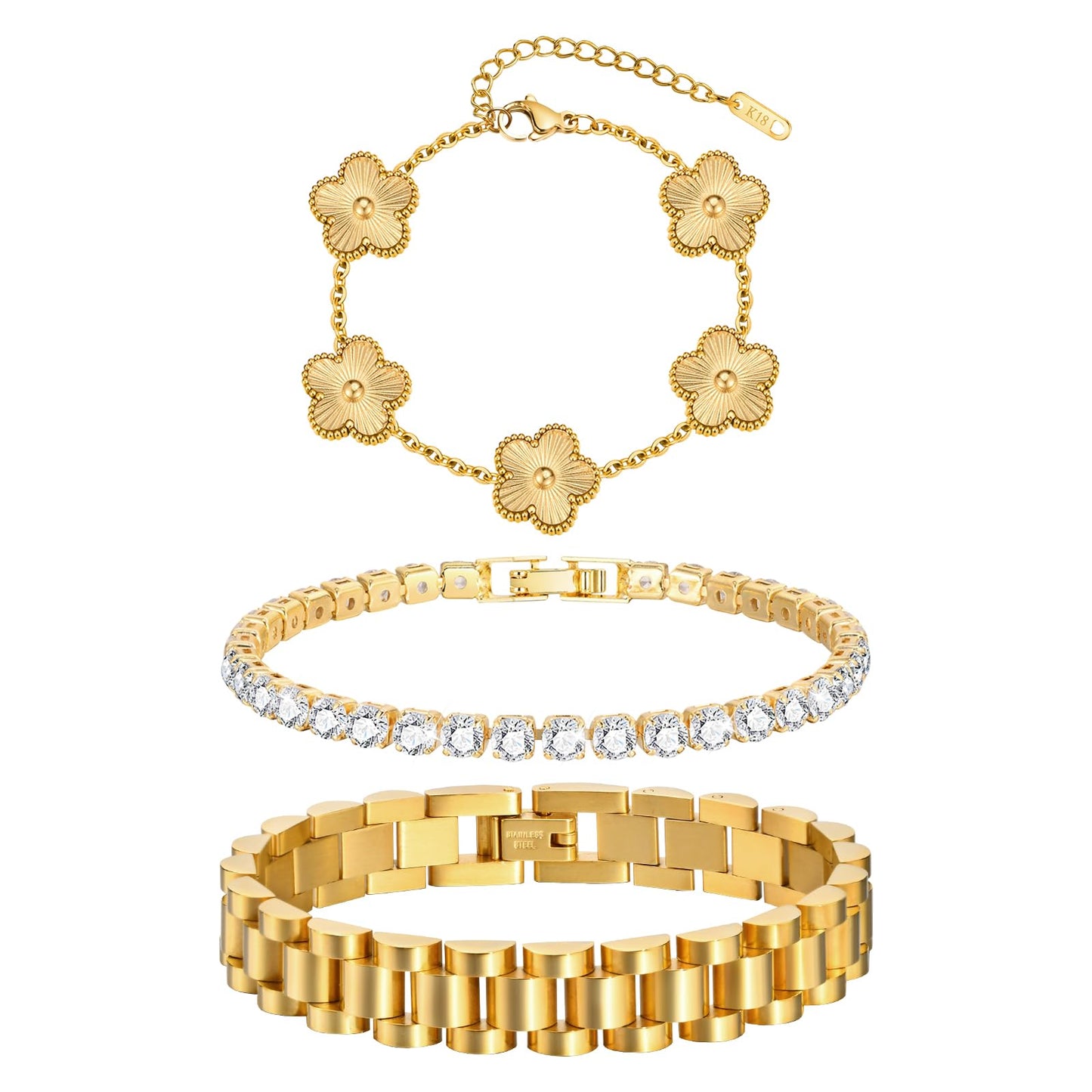Stackable Gold Floral Bracelets Set - 3pcs 18K Gold Plated Bracelet Non-tarnish,Stainless Steel Link Chain Friendship Bracelet,Watch Band Trendy Jewelry,Christmas Valentines Birthday Gifts for Women