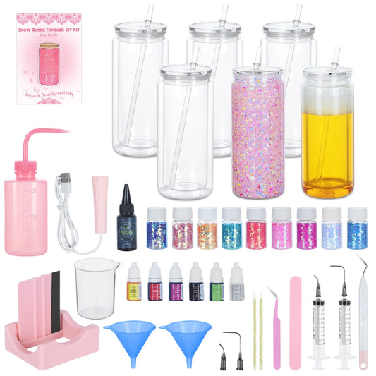 6 Pack 20 Oz Acrylic Snow Globe Tumbler Supplies Starter Kit, Double Wall Plastic Pre-Drilled Snowglobe Tumbler Cup Tool Set, Including Squeeze Bottle Cup Cradle and Scraper etc.