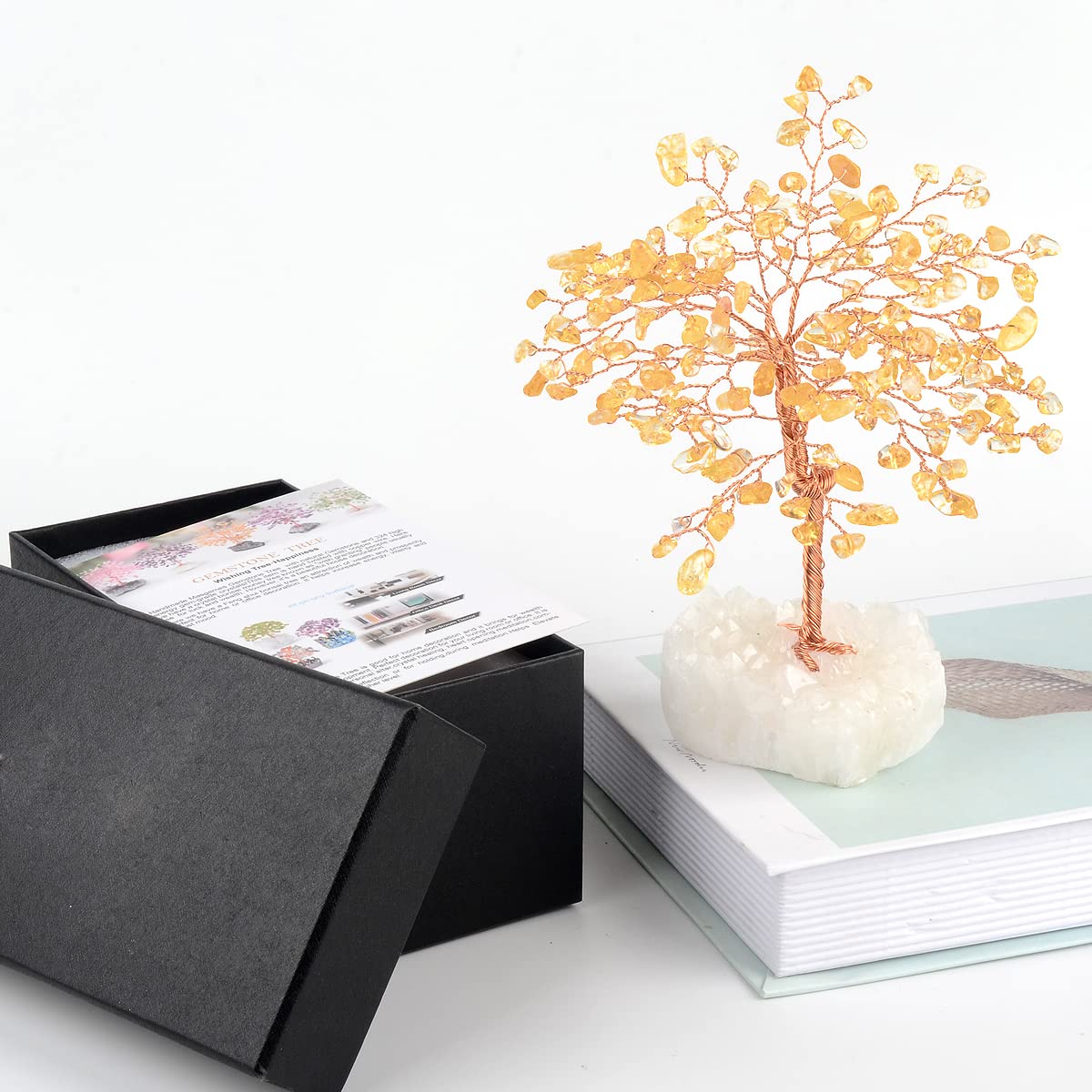 MASGEMES Natural Citrine Gemstone Crystal Tree of Life,Clear Quartz Cluster Base,Bonsai Money Tree Feng Shui Home Decor,Healing Crystals Positive Energy Gift for Luck and Wealth 5.5"-6.3"